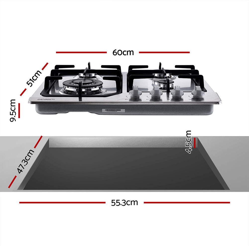 Cooktops & Stoves: Devanti Gas Cooktop 60cm 4 Burner Silvir