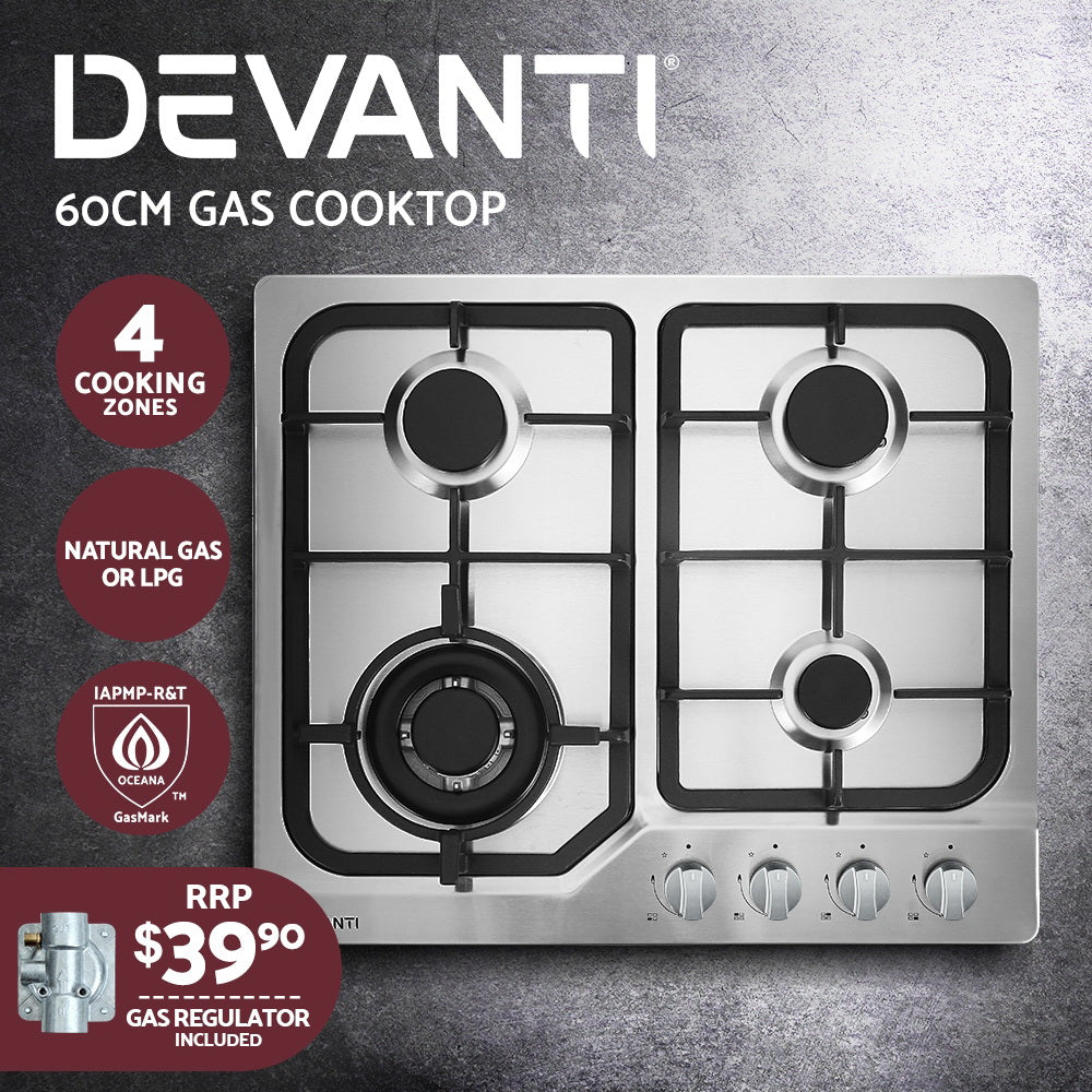 Cooktops & Stoves: Devanti Gas Cooktop 60cm 4 Burner Silvir