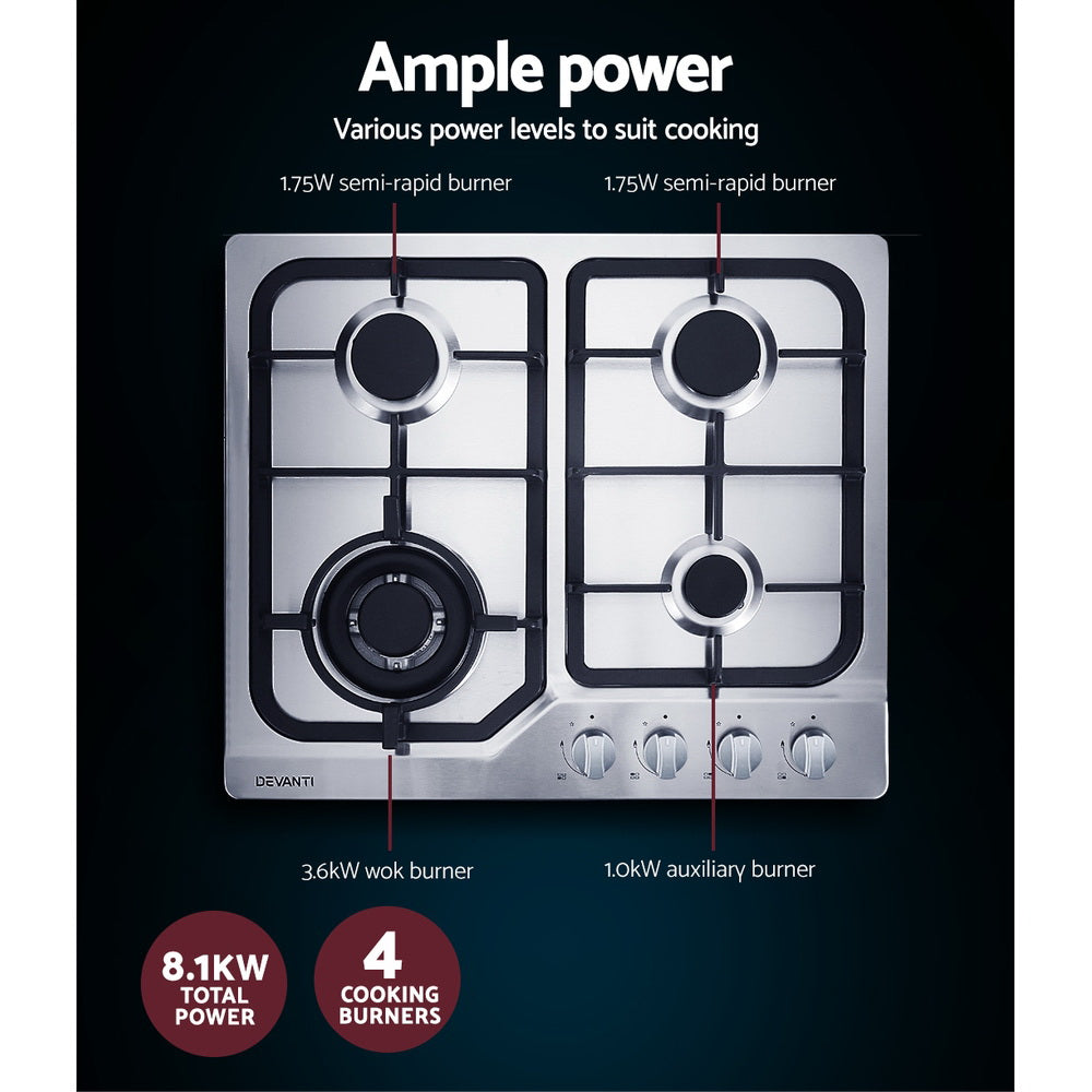 Cooktops & Stoves: Devanti Gas Cooktop 60cm 4 Burner Silvir