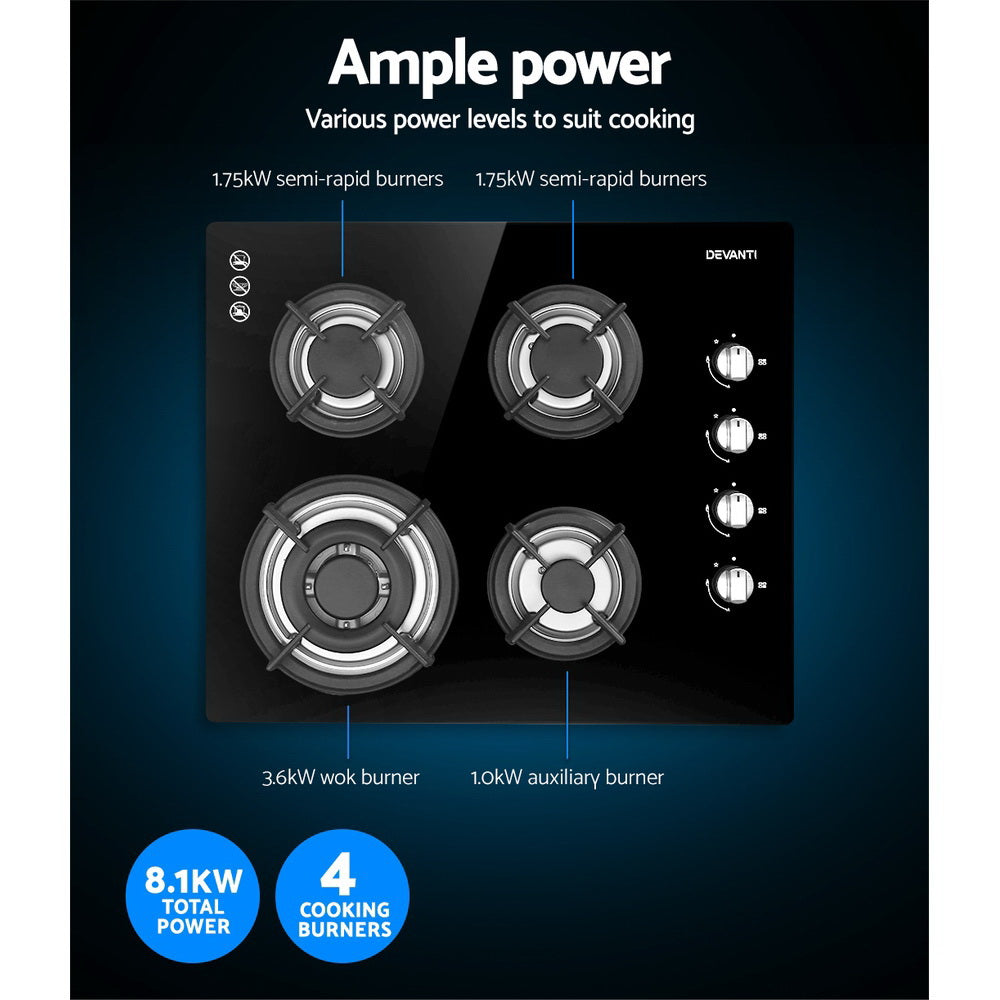 Cooktops & Stoves: Devanti Gas Cooktop 60cm Stove Hob Black