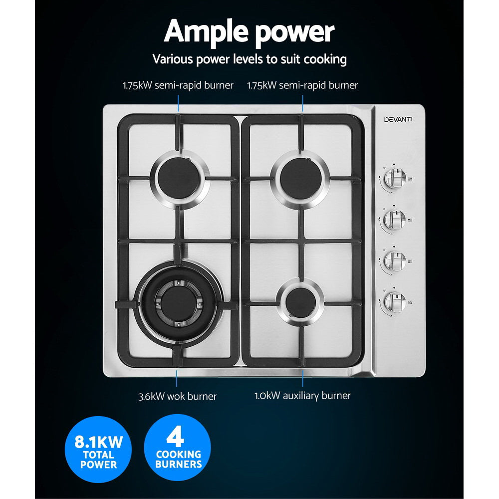 Cooktops & Stoves: Devanti Gas Cooktop 60cm Stove Hob Silvir