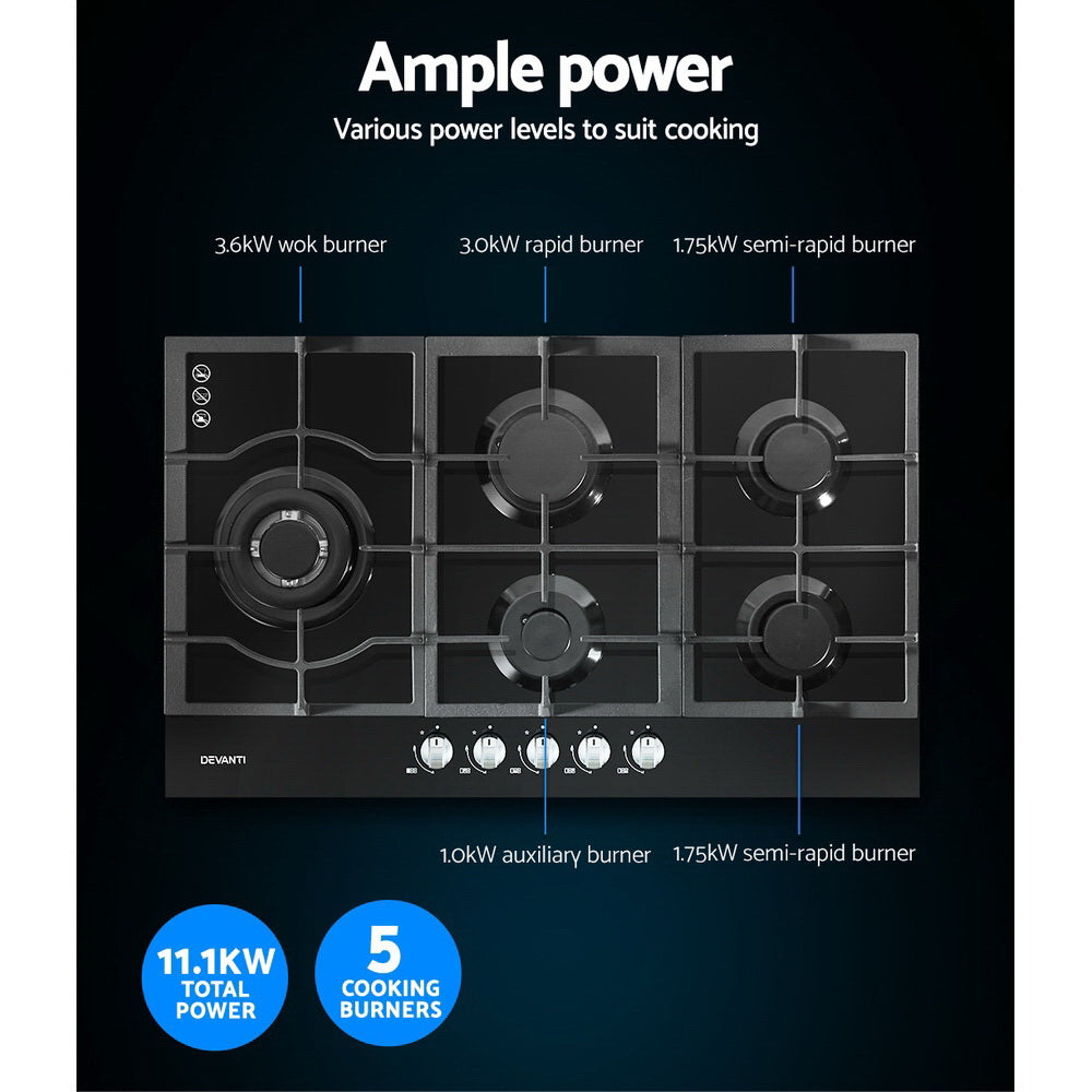 Cooktops & Stoves: Devanti Gas Cooktop 90cm 5 Burner Black