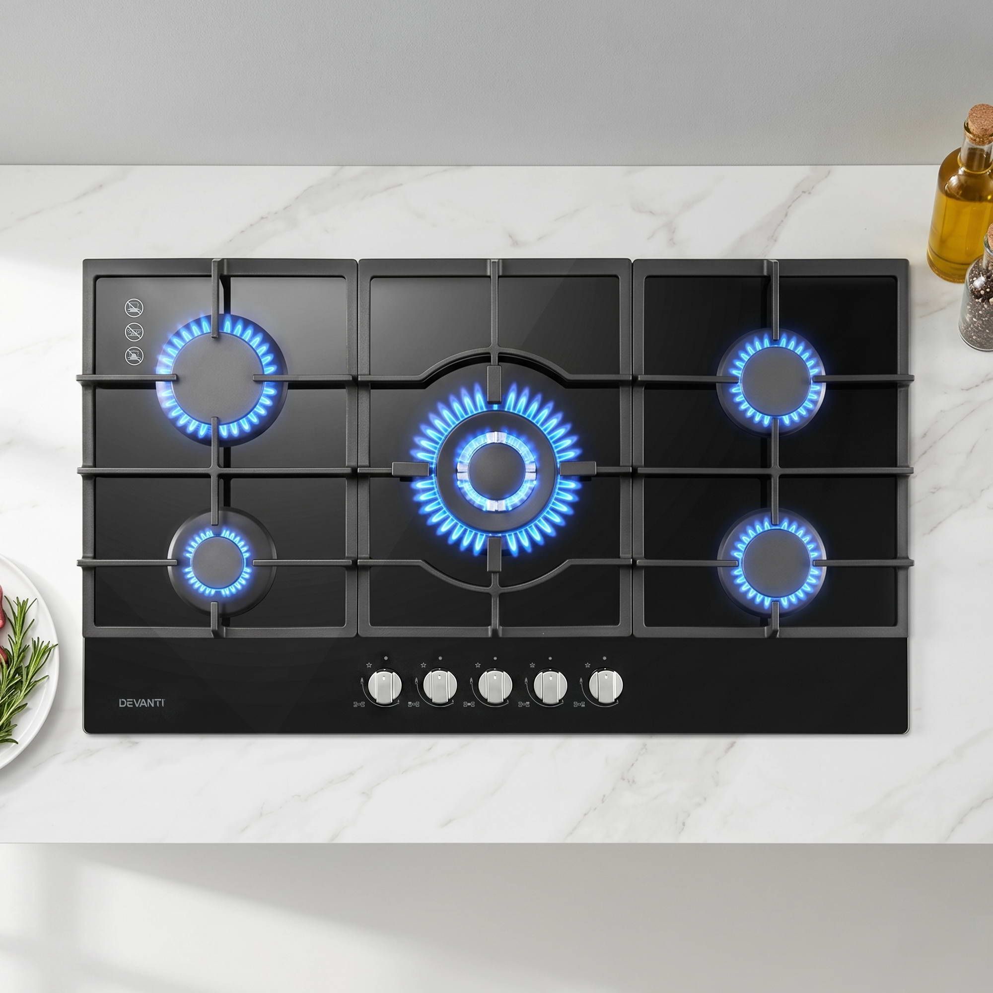 Devanti 90cm Gas Cooktop 5 Burner LPG NG Tempered Glass Hob Black