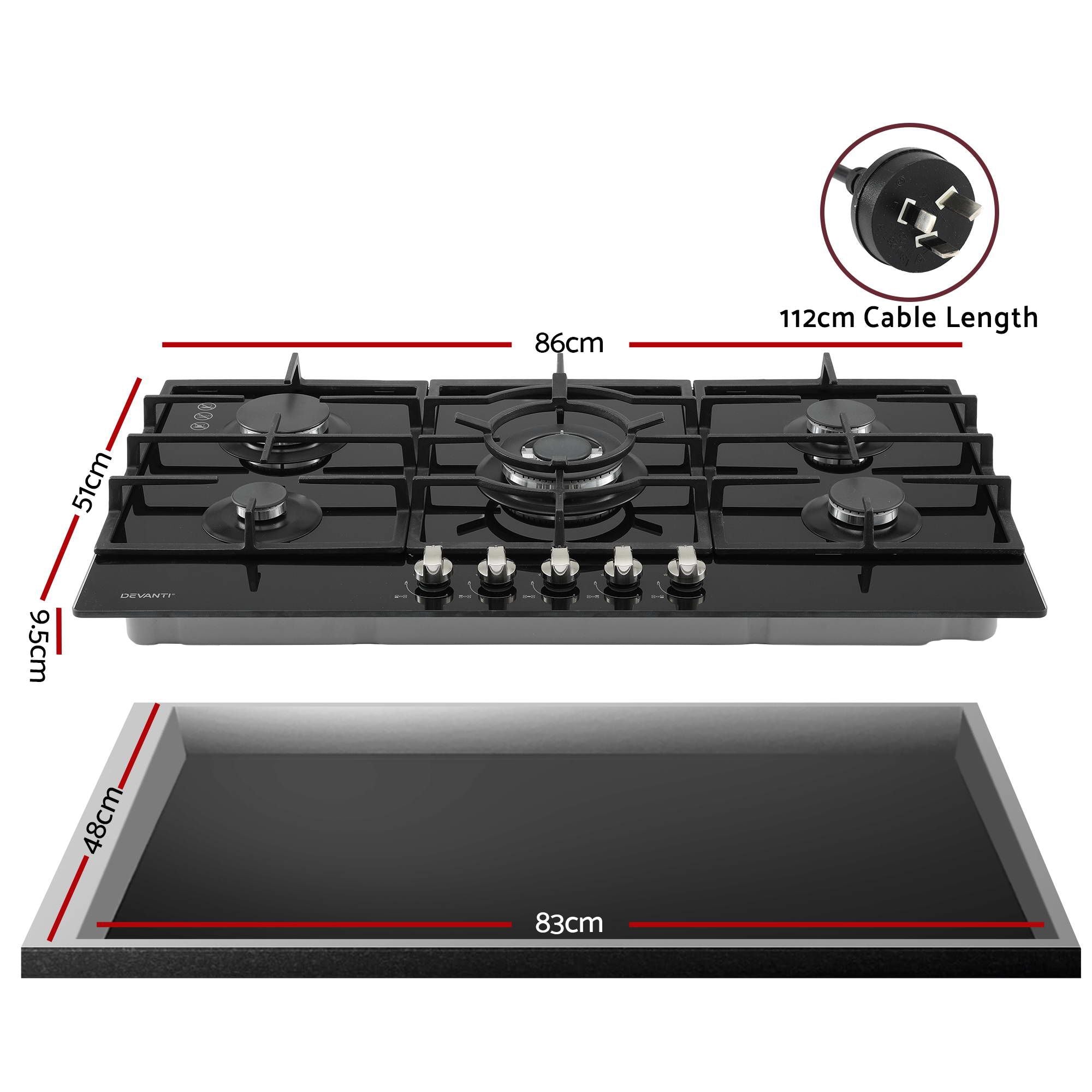 Devanti 90cm Gas Cooktop 5 Burner LPG NG Tempered Glass Hob Black