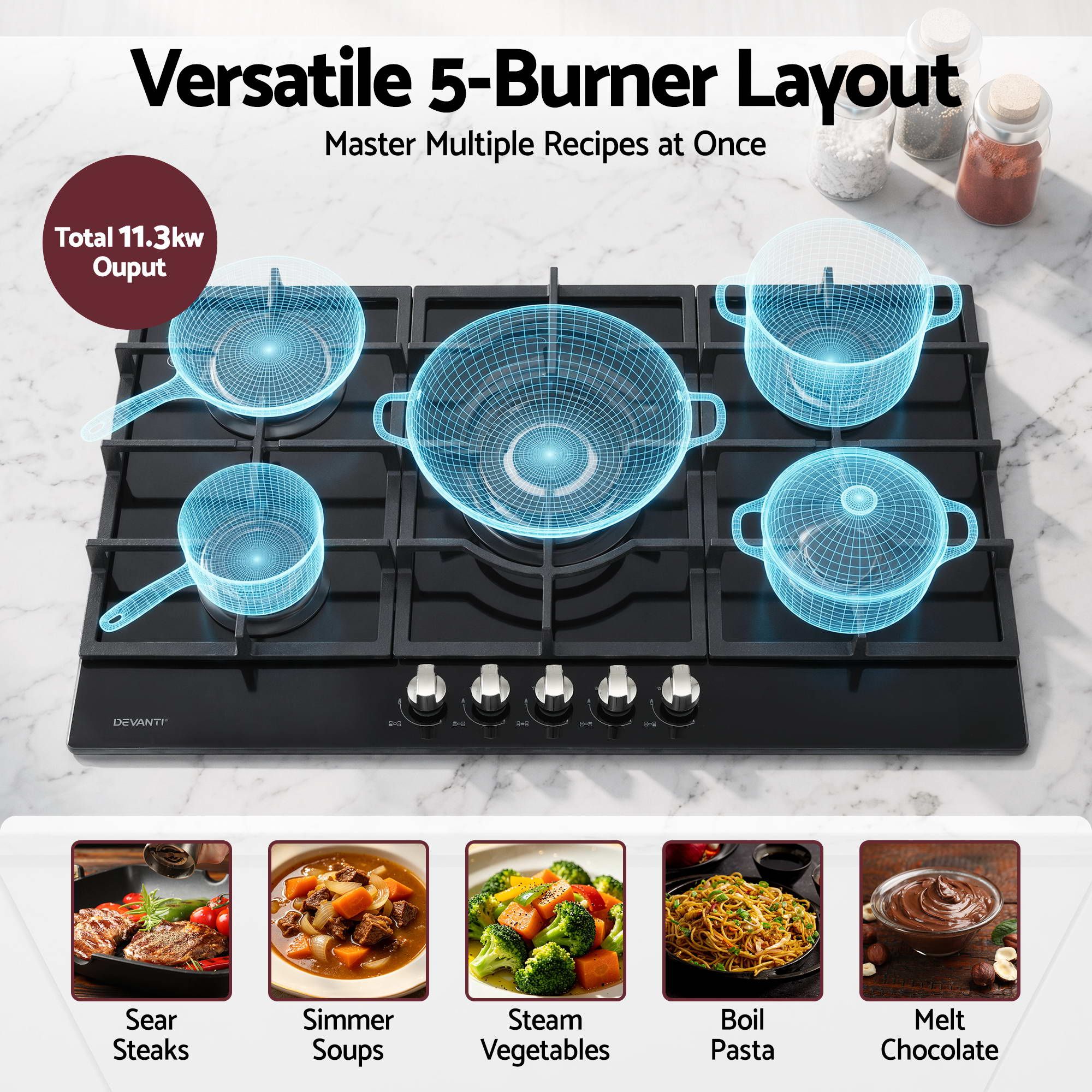 Devanti 90cm Gas Cooktop 5 Burner LPG NG Tempered Glass Hob Black
