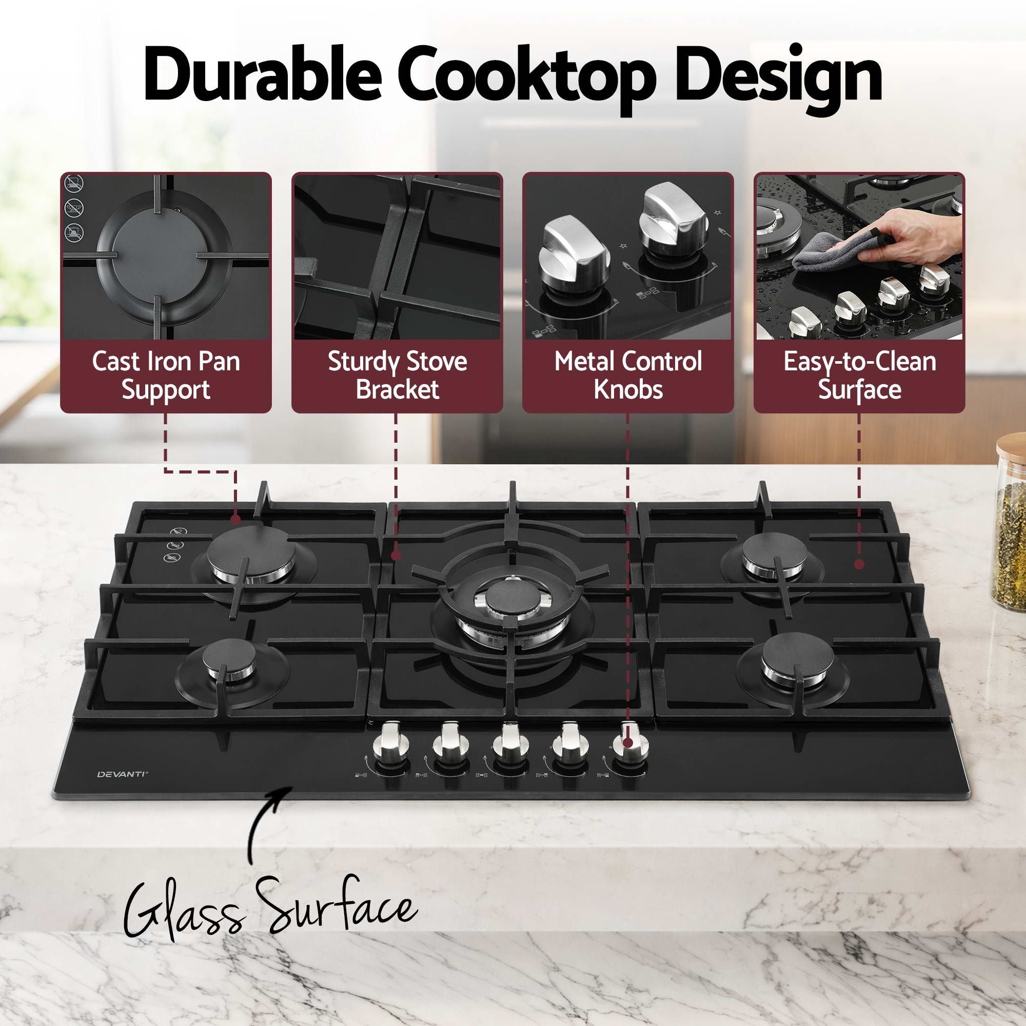 Devanti 90cm Gas Cooktop 5 Burner LPG NG Tempered Glass Hob Black