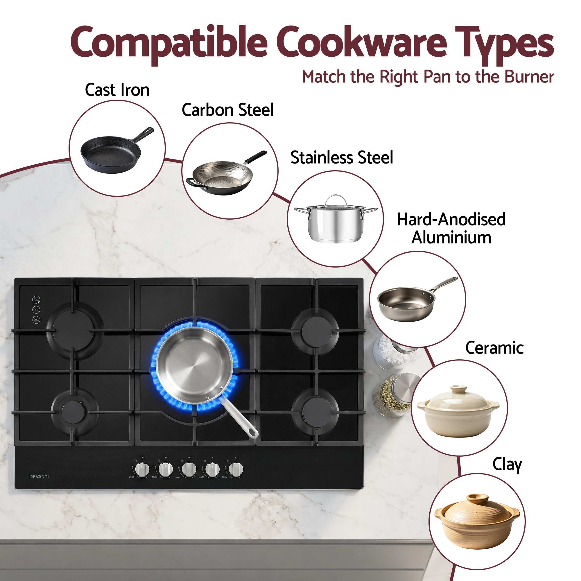 Devanti 90cm Gas Cooktop 5 Burner LPG NG Tempered Glass Hob Black