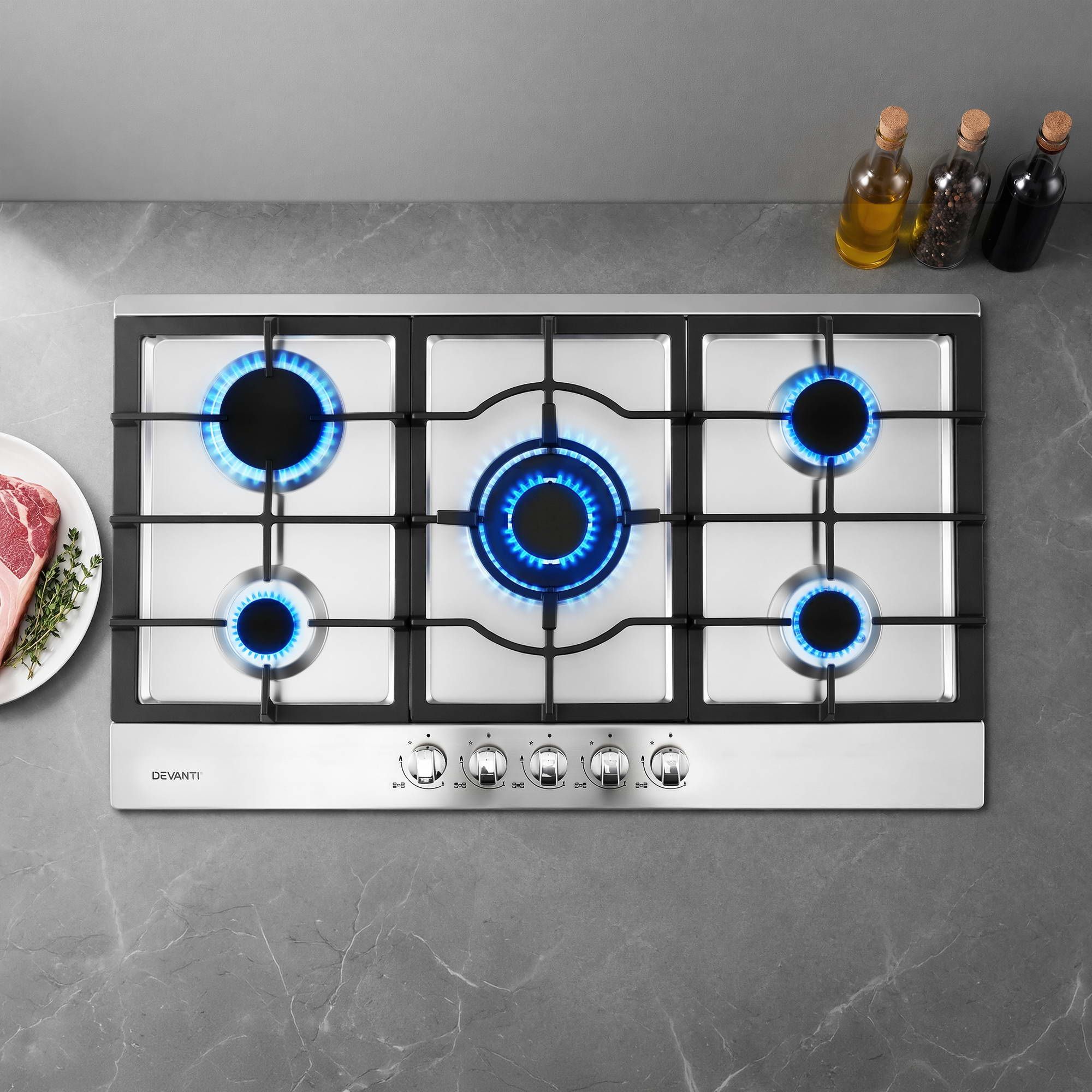 Devanti 90cm Gas Cooktop 5 Burner LPG NG Stainless Steel Hob Silver