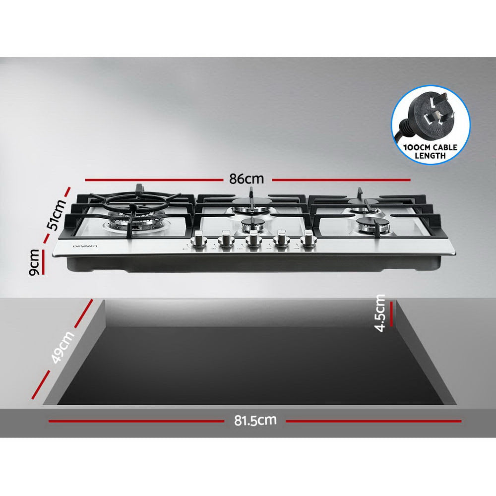 Cooktops & Stoves: Devanti Gas Cooktop 90cm 5 Burner Silvir