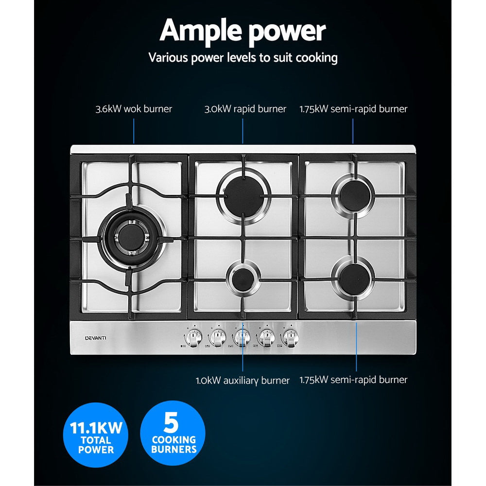 Cooktops & Stoves: Devanti Gas Cooktop 90cm 5 Burner Silvir
