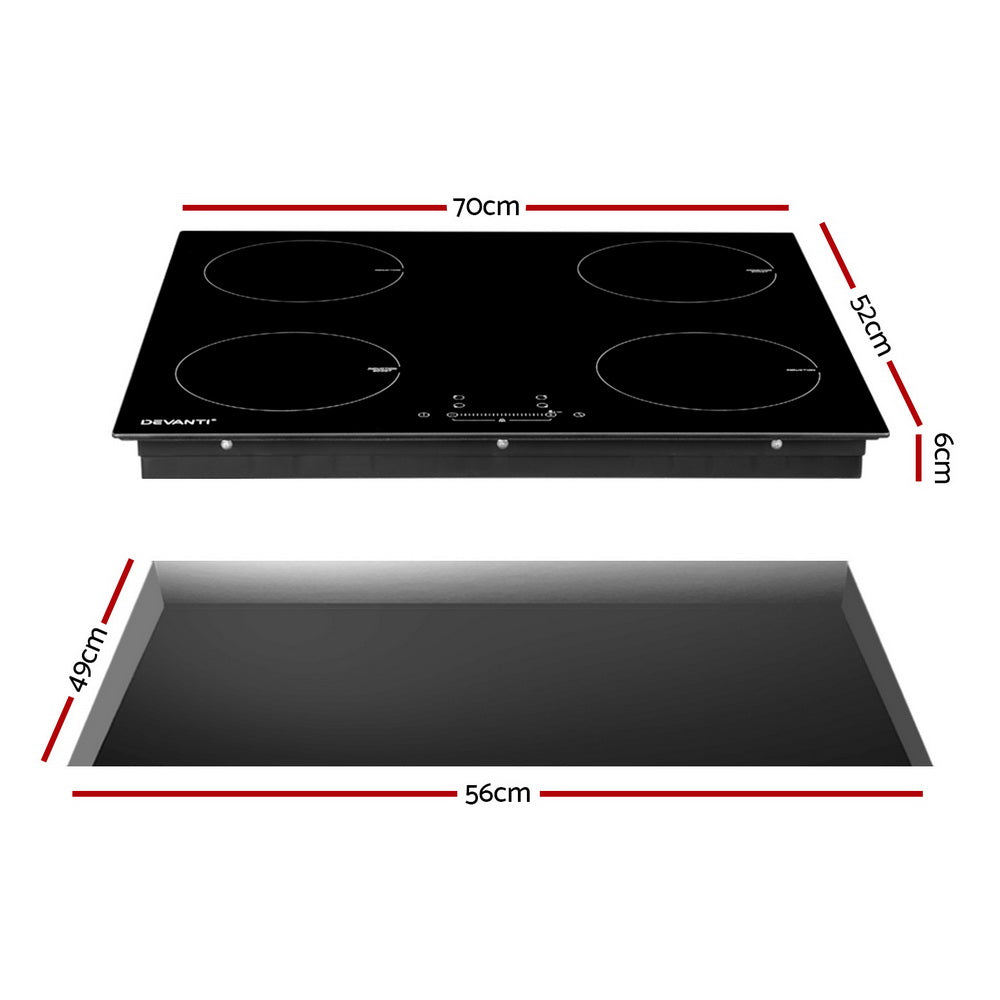 Cooktops & Stoves: Devanti Electric Induction Cooktop 70cm Ceramic 4 Zones Stove Cook Top Hot Plate 7000W