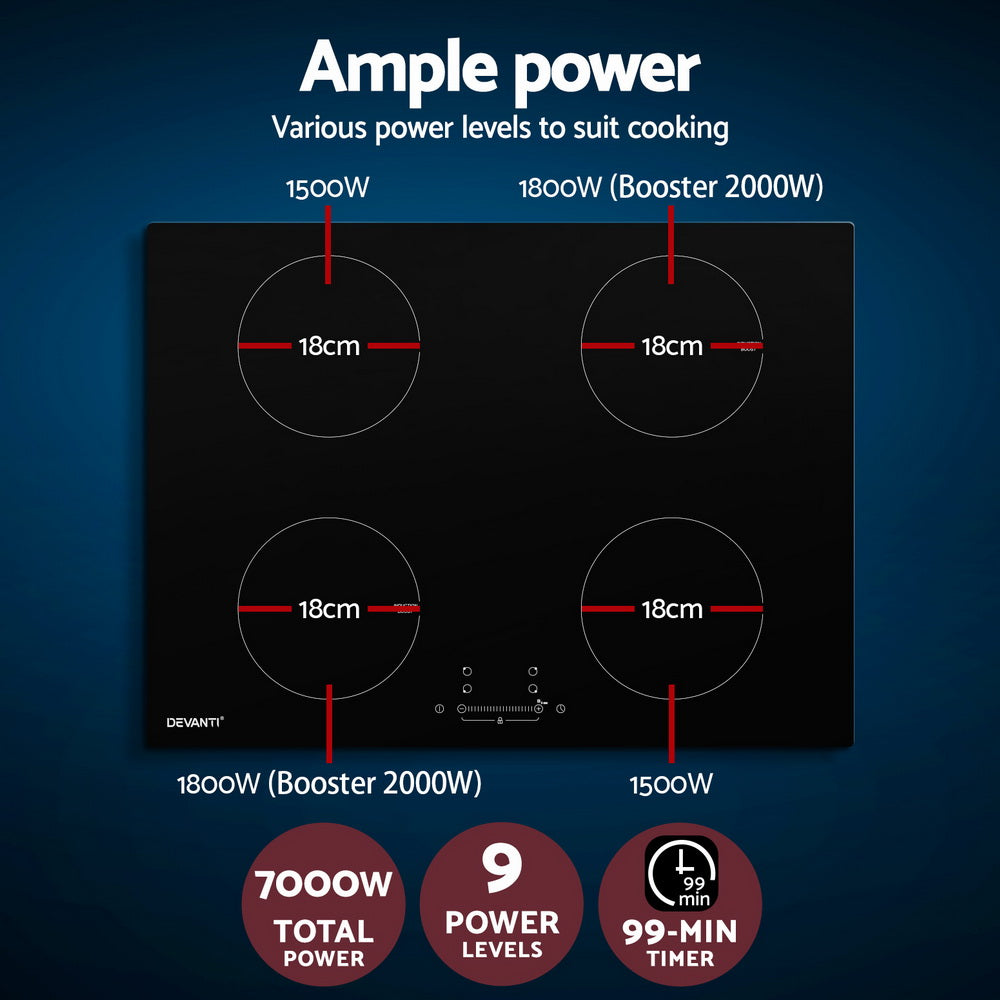 Cooktops & Stoves: Devanti Electric Induction Cooktop 70cm Ceramic 4 Zones Stove Cook Top Hot Plate 7000W
