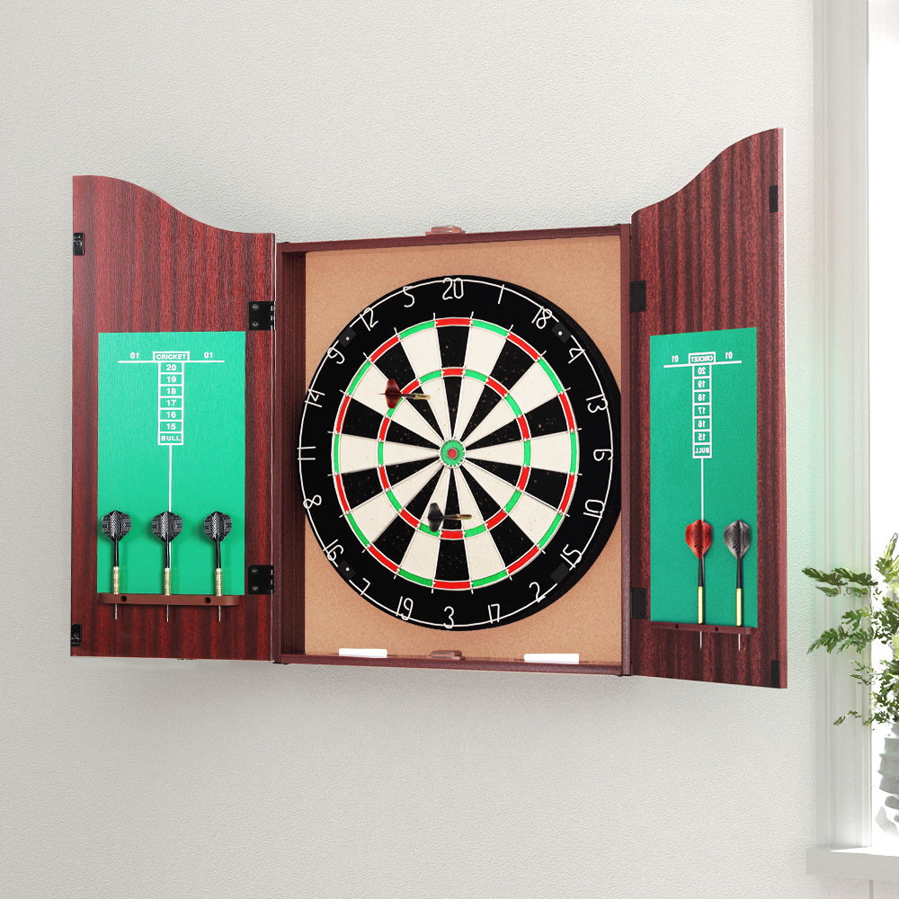 Board Games: 18" Dartboard Dart Board with Steel Darts Wooden Cabinet Party Game