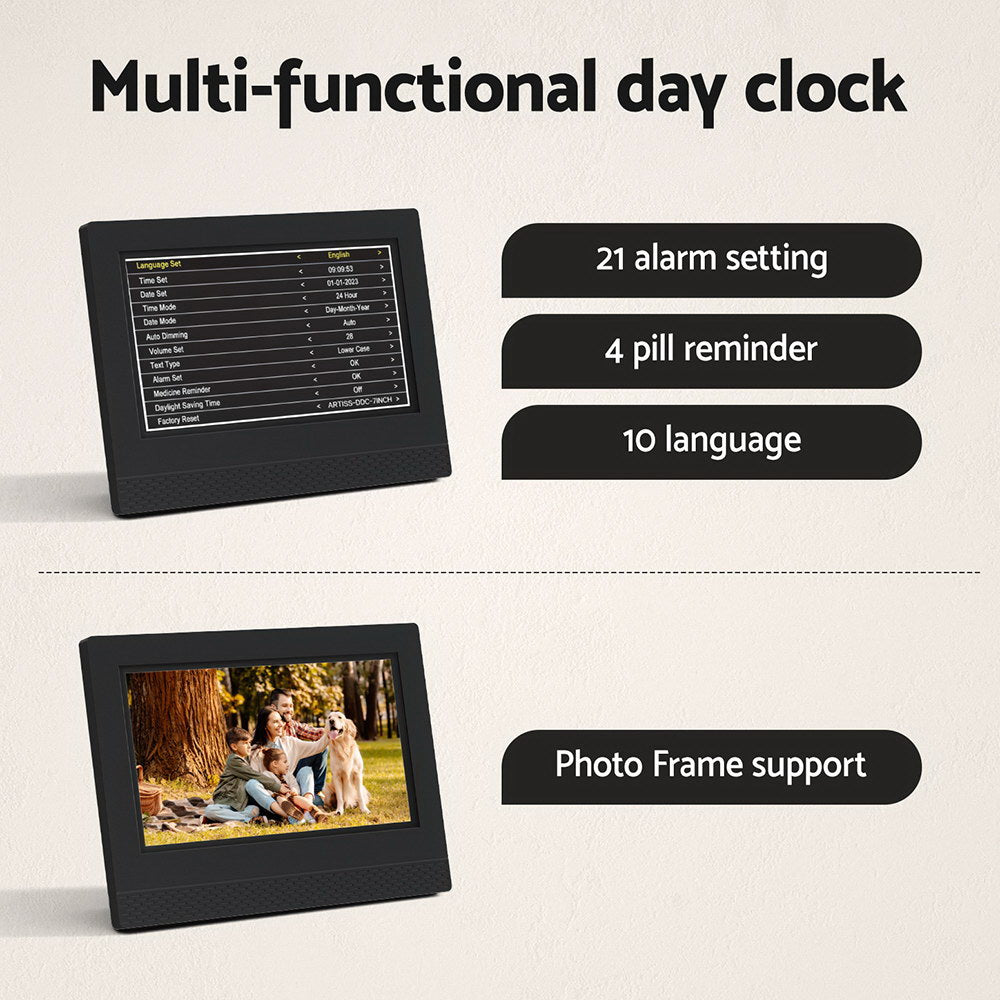 Clocks: Artiss 7" Digital Day Clock Calendar Alarm Black