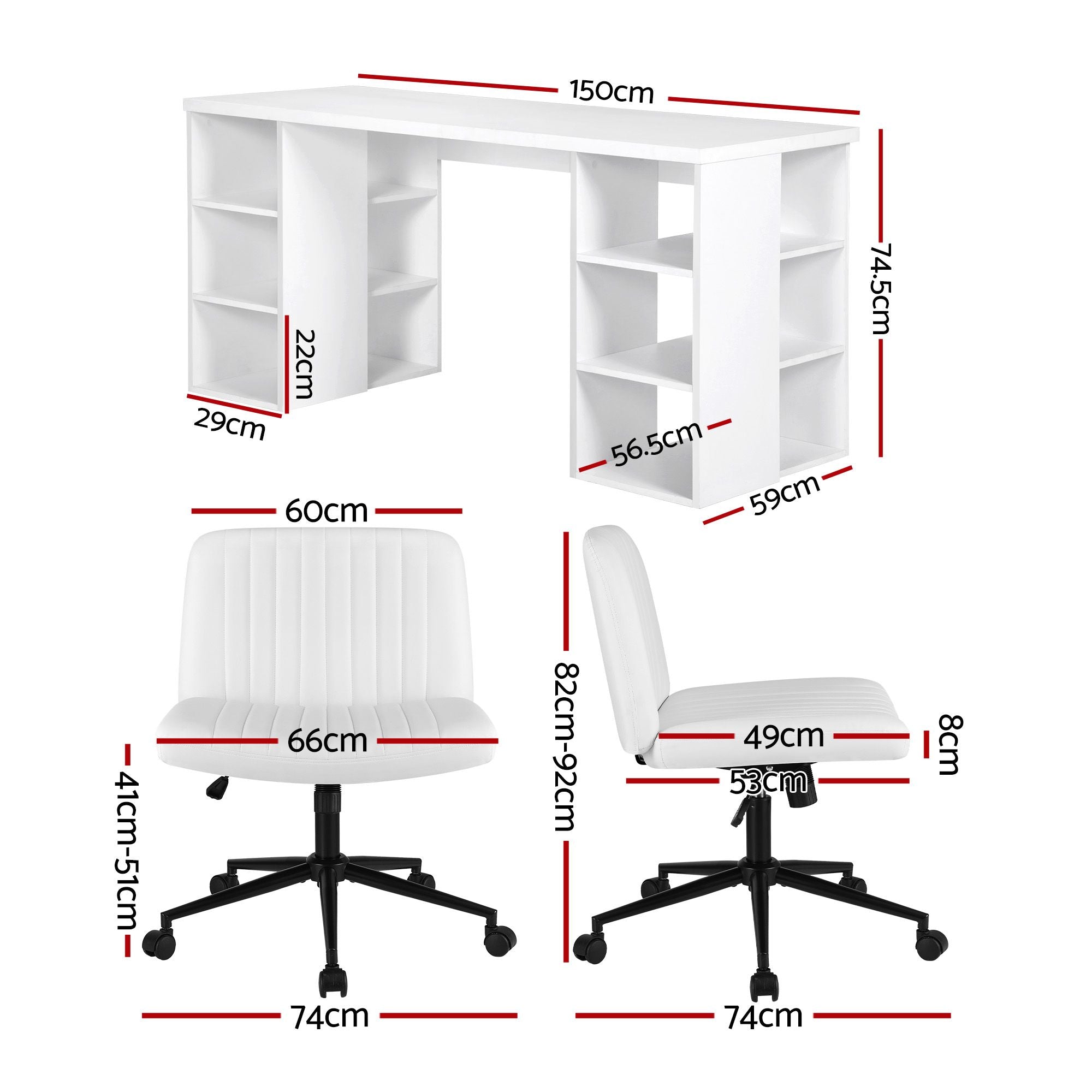 Artiss Office Desk & Chair Set 150cm Computer Desk with 6 Storage Shelves & Ergonomic Cross Legged Chair Armless Cross PU Leather Office Chair with Wheels