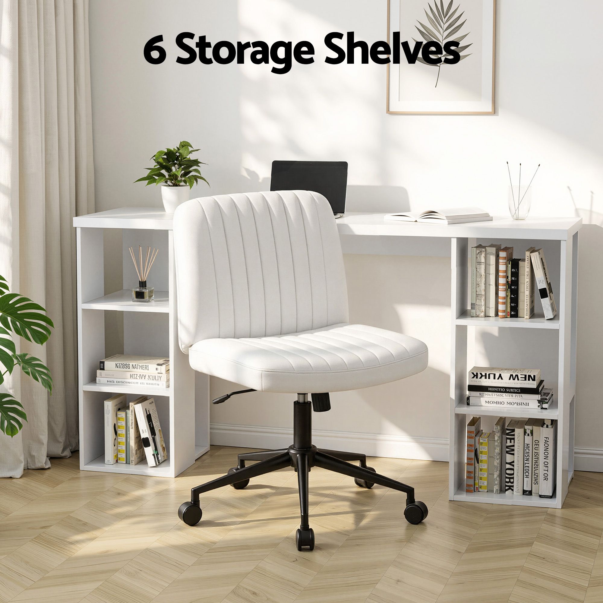 Artiss Office Desk & Chair Set 150cm Computer Desk with 6 Storage Shelves & Ergonomic Cross Legged Chair Armless Cross PU Leather Office Chair with Wheels