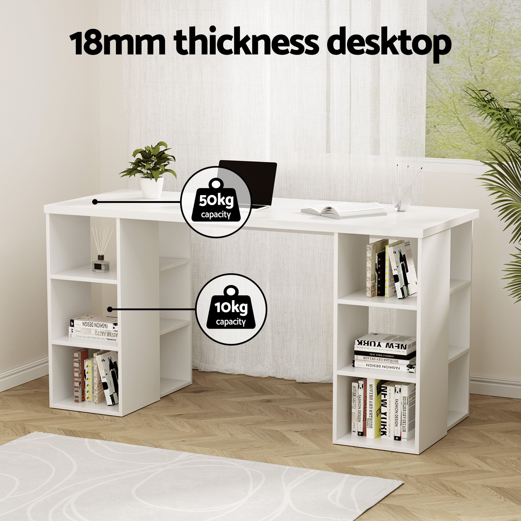 Artiss Office Desk & Chair Set 150cm Computer Desk with 6 Storage Shelves & Ergonomic Cross Legged Chair Armless Cross PU Leather Office Chair with Wheels