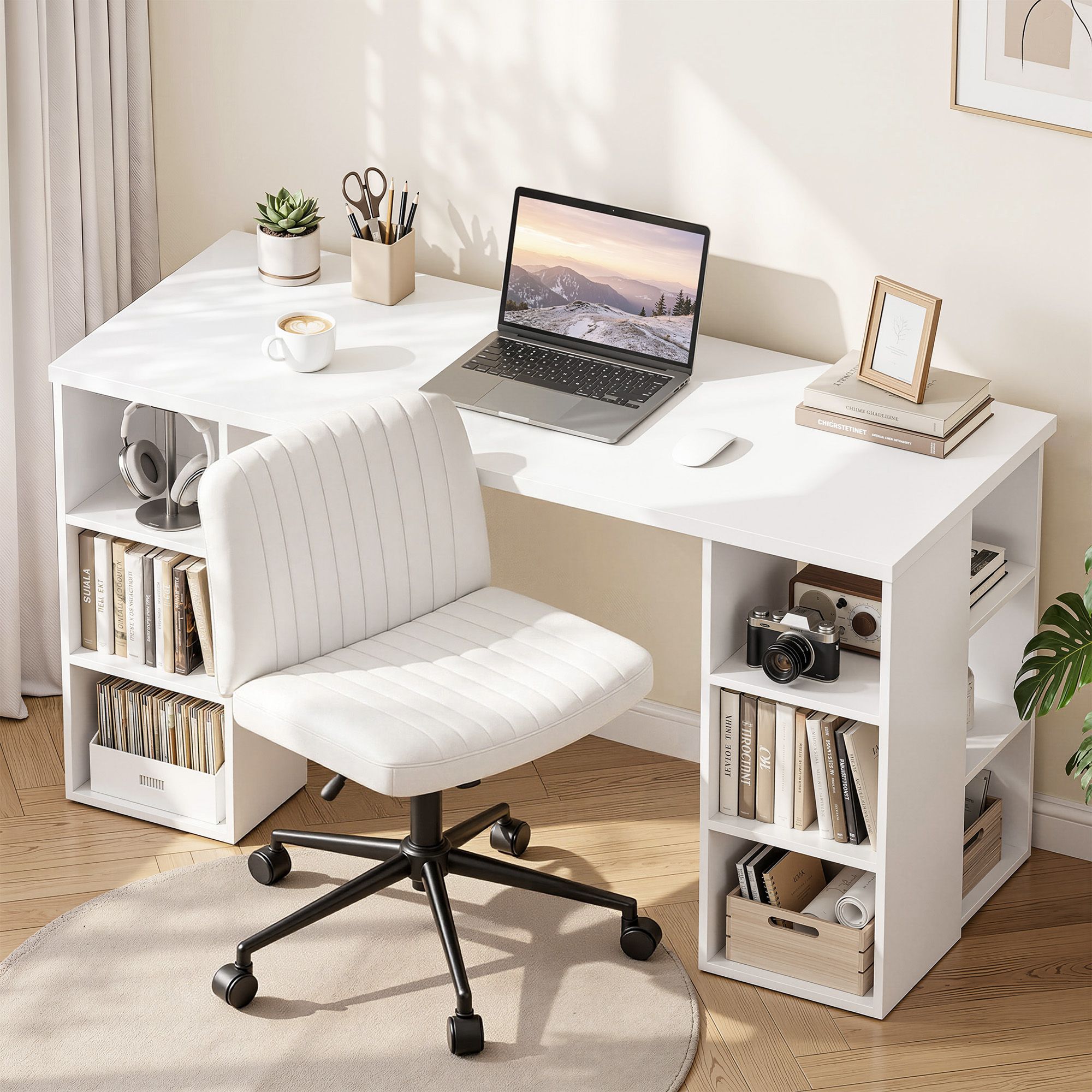 Artiss Office Desk & Chair Set 150cm Computer Desk with 6 Storage Shelves & Ergonomic Cross Legged Chair Armless Cross PU Leather Office Chair with Wheels