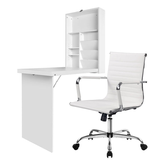 Artiss Computer Desk Office Chair Set PU Leather Wall Mount Foldable Table White