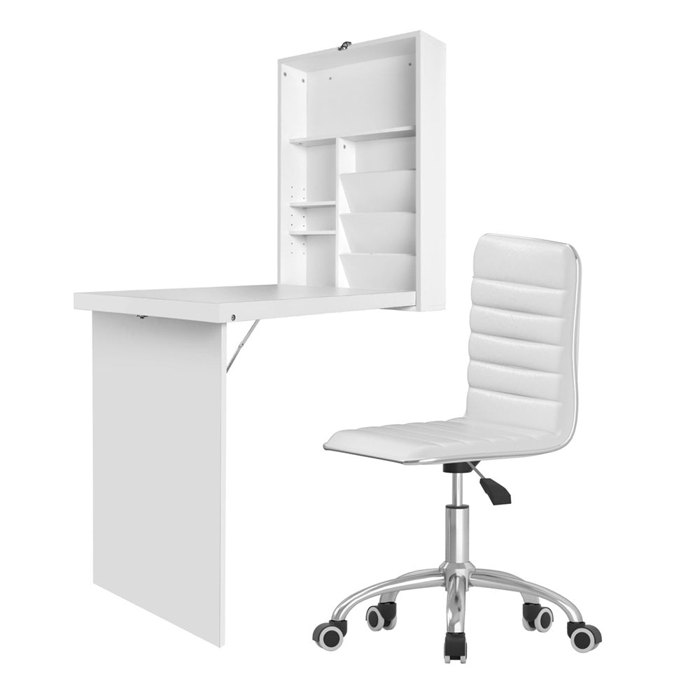 Desks: Artiss Computer Desk Office Chair Set PU Leather Wall Mount Foldable Table White