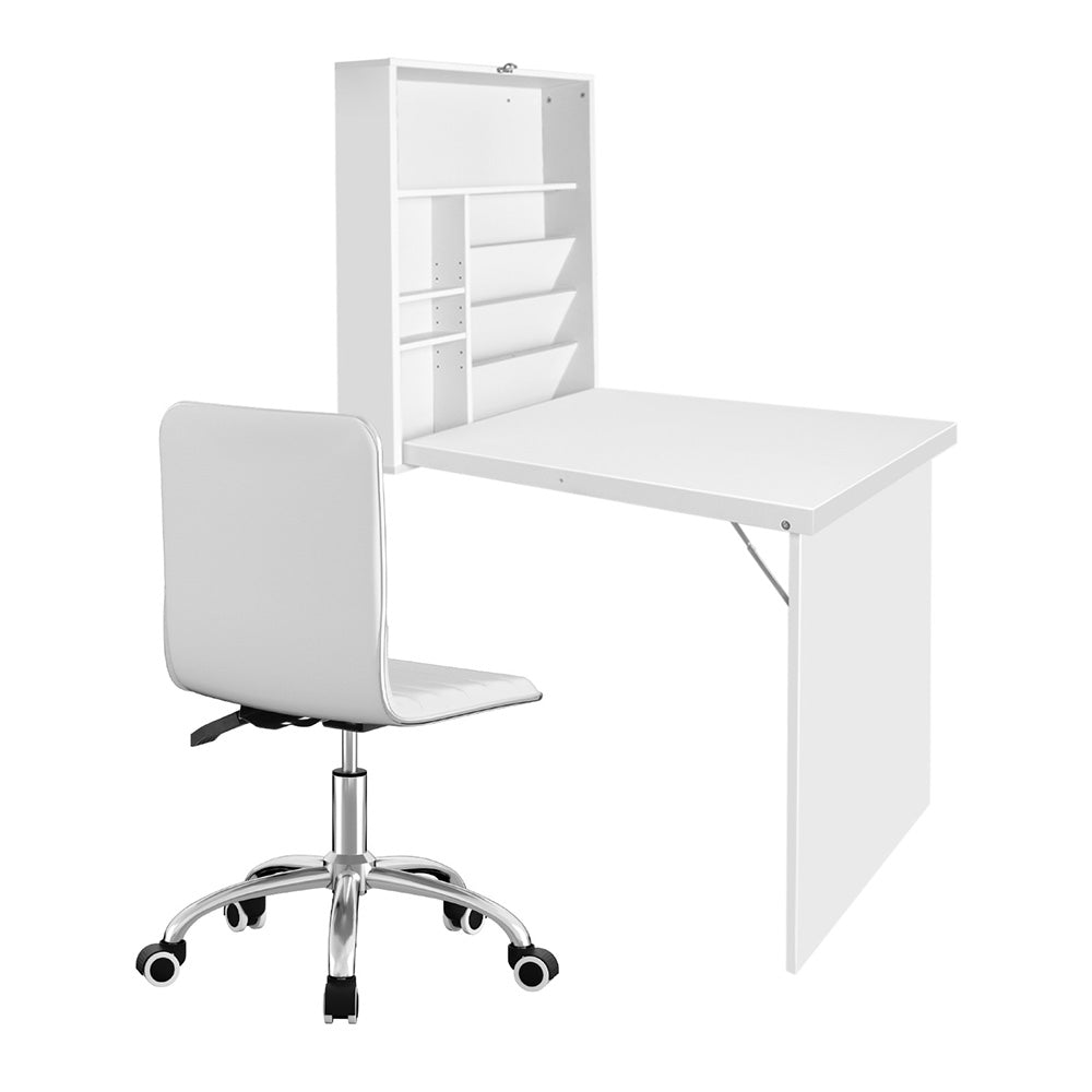 Desks: Artiss Computer Desk Office Chair Set PU Leather Wall Mount Foldable Table White
