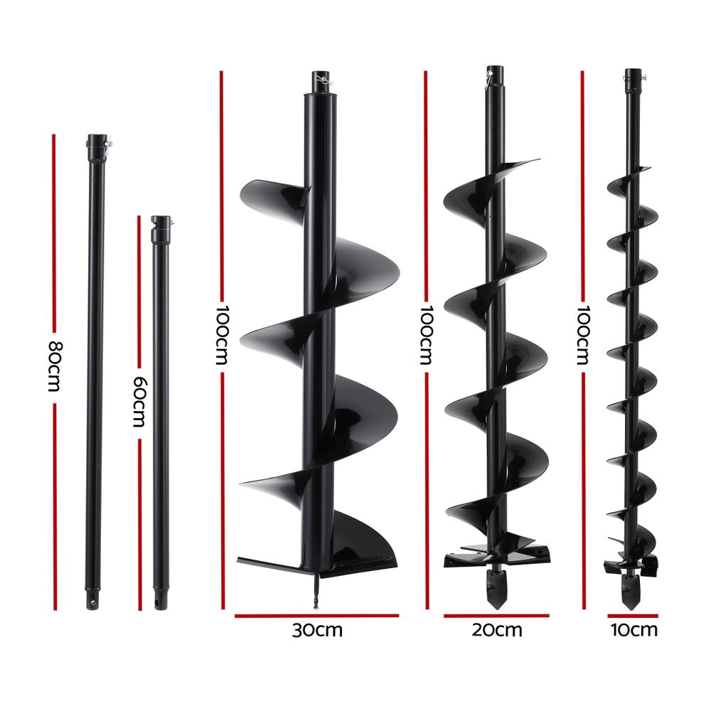 Outdoor Power Equipment: Giantz Post Hole Digger Auger Drill Bit Set 100mm 200mm 300mm Carbon Steel Black
