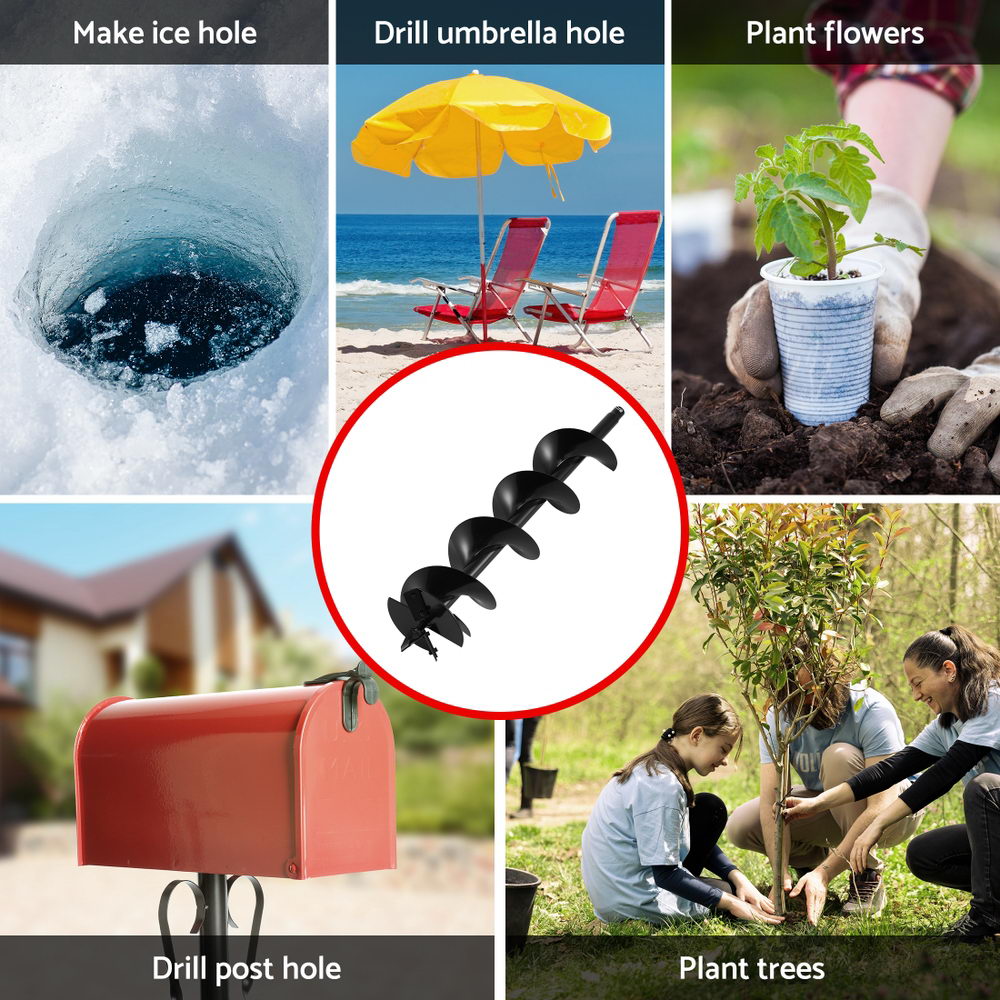 Outdoor Power Equipment: Giantz Post Hole Digger Auger Drill Bit Set 100mm 200mm 300mm Carbon Steel Black