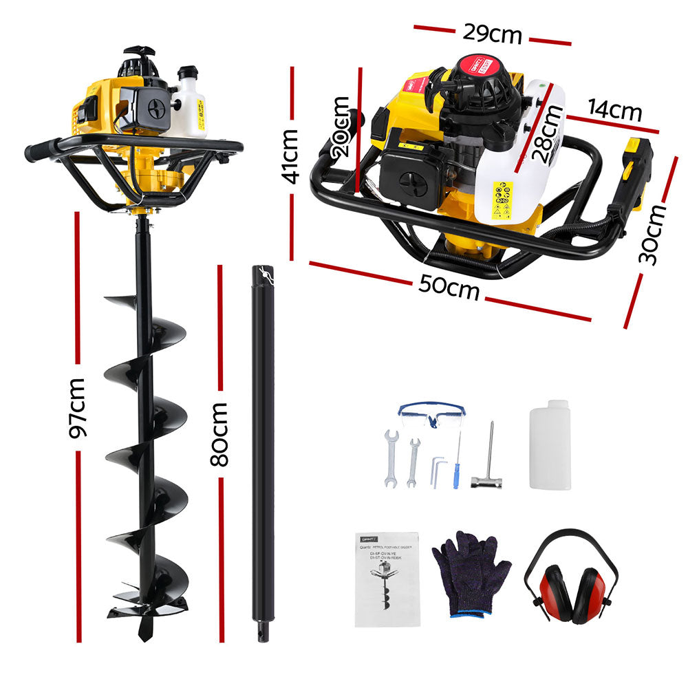 Outdoor Power Equipment: Giantz Post Hole Digger 200mm Petrol Drill Auger Extension Bits