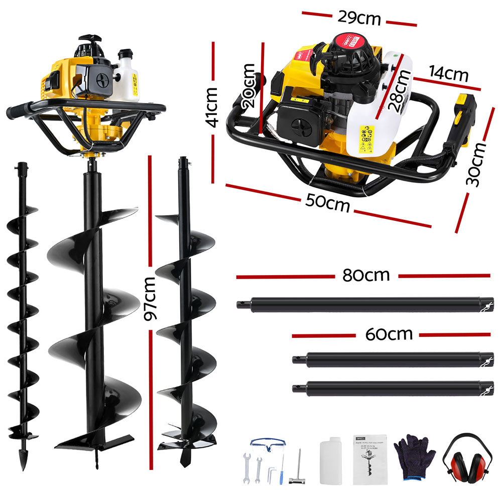 Outdoor Power Equipment: Giantz Post Hole Digger Petrol Motor Drill Extension Auger Bits Kits