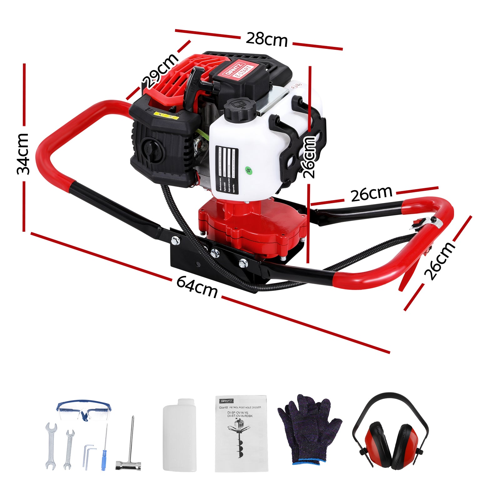 Outdoor Power Equipment: Giantz Post Hole Digger Motor Only Petrol Engine Red