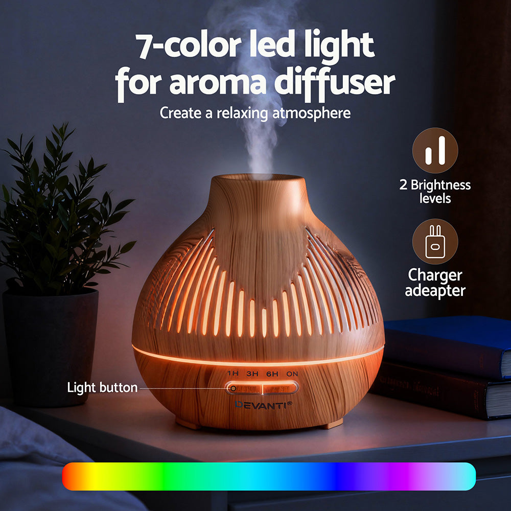 Aroma Diffusers: Devanti Ultrasonic Aroma Diffuser Aromatherapy 400ml LED Lights Iron Humidifier Forest Light wood grain