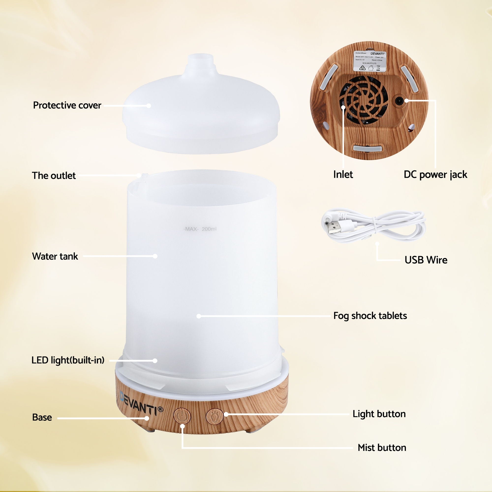 Aroma Diffusers: Devanti Ultrasonic Aroma Diffuser Aromatherapy 200ml LED Lights Iron Humidifier Forest