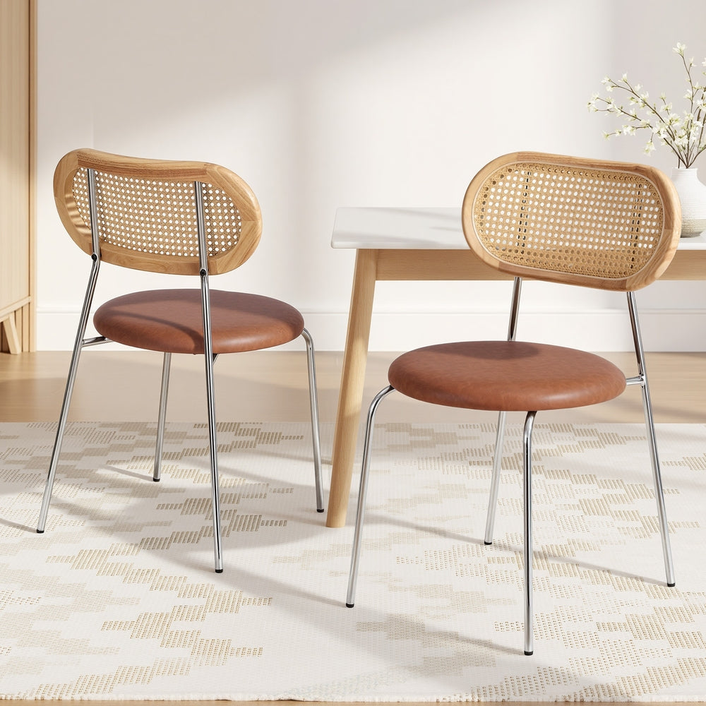 Kitchen & Dining Chairs: Artiss 2x Dining Chairs PU Leather Rattan Kitchen Lounge Cafe Accent Chair Brown