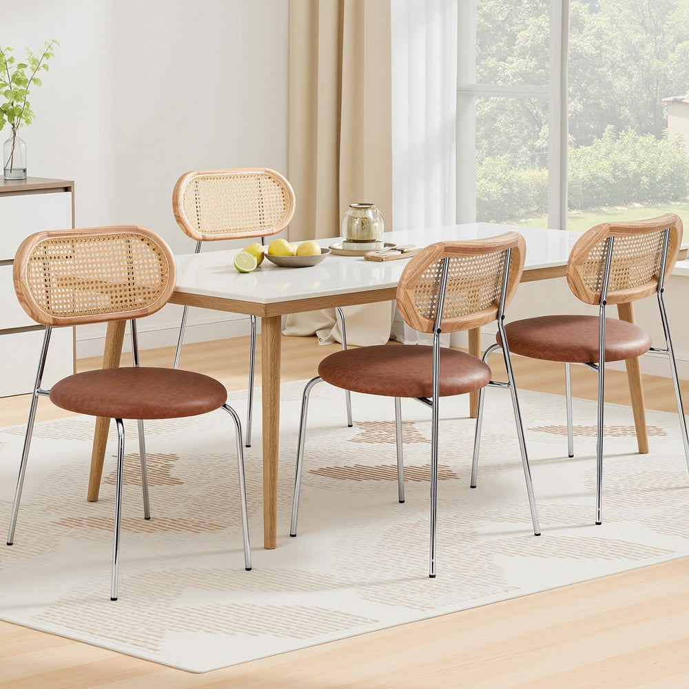 Kitchen & Dining Chairs: Artiss 4x Dining Chairs PU Leather Rattan Kitchen Lounge Cafe Accent Chair Brown