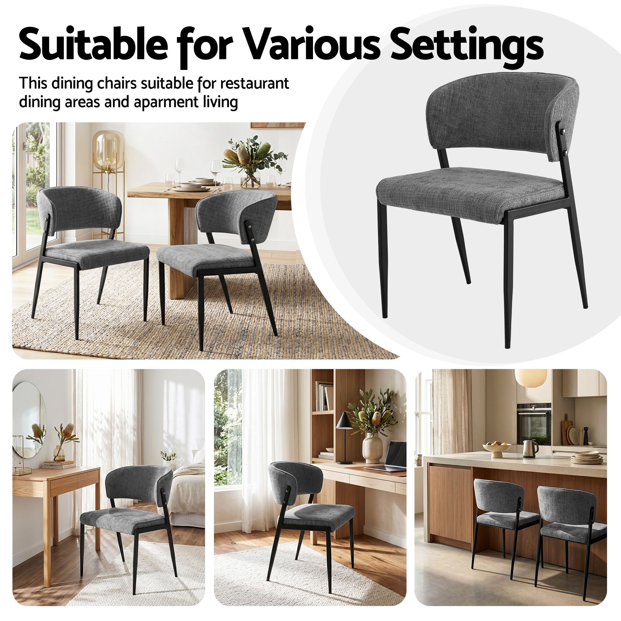 Artiss Dining Chairs Set of 6 Linen Fabric Soft Upholstered Chairs Grey