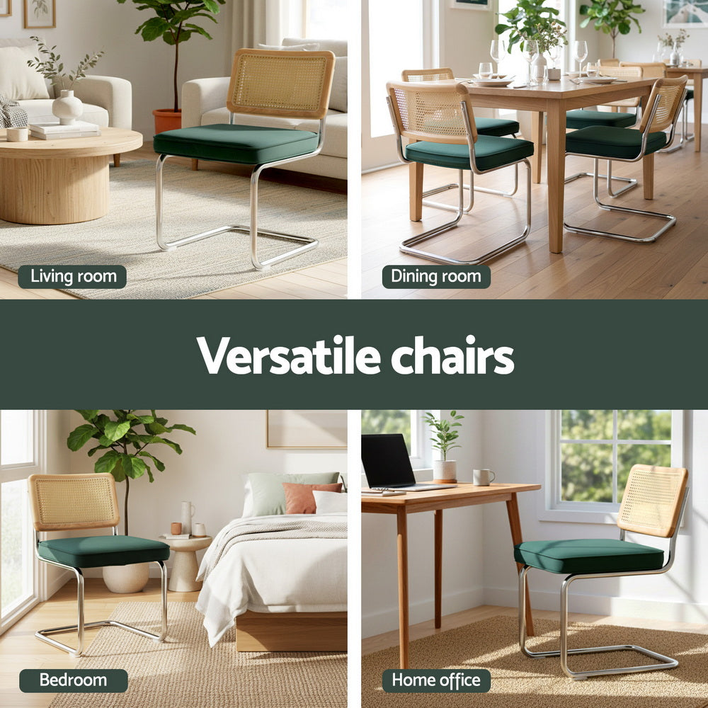 Kitchen & Dining Chairs: Artiss Dining Chairs Set of 2 Velvet Rattan Cantilever Green