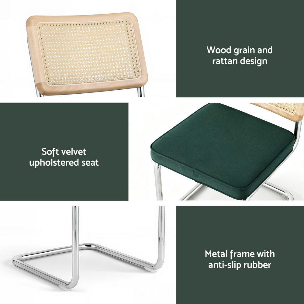 Kitchen & Dining Chairs: Artiss Dining Chairs Set of 2 Velvet Rattan Cantilever Green