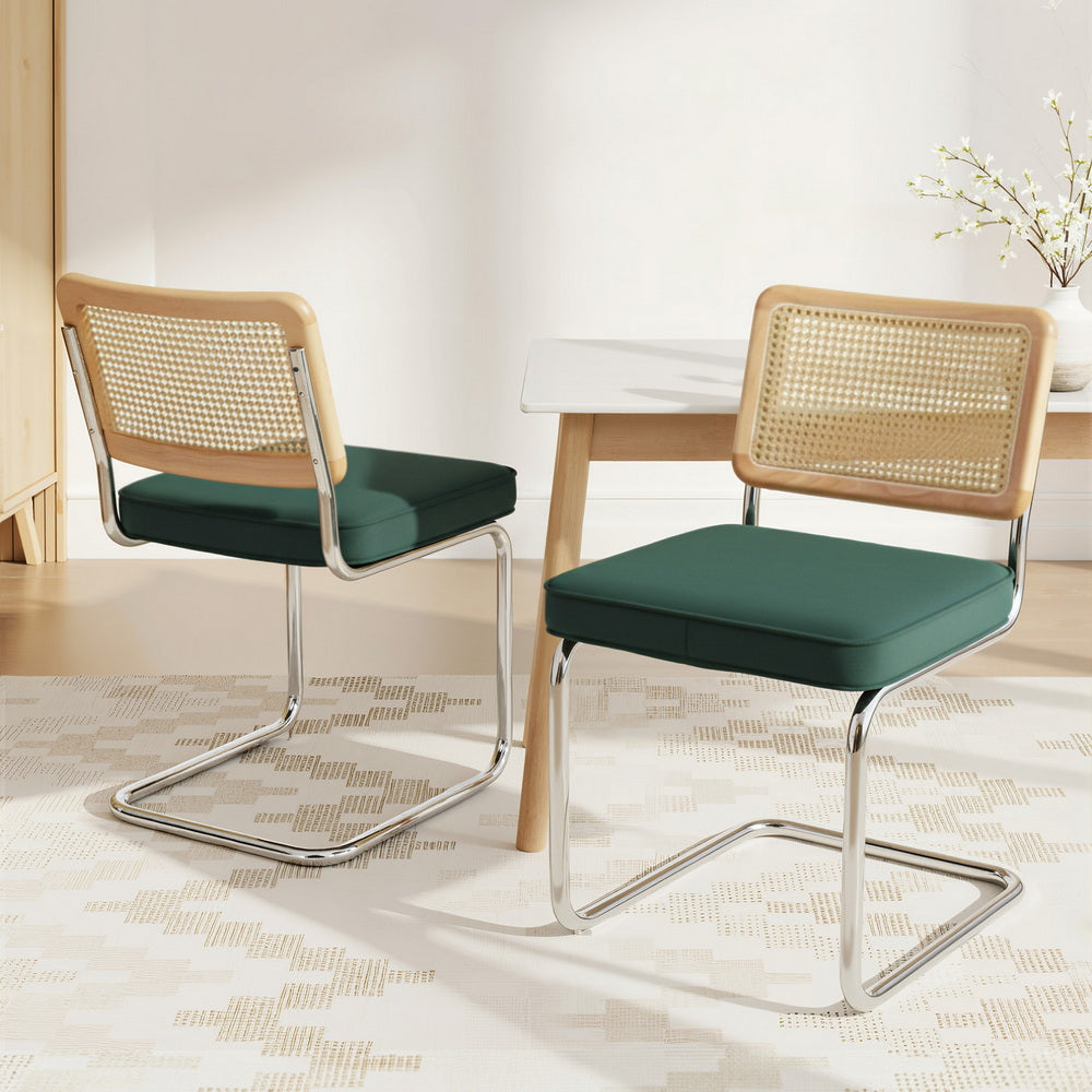 Kitchen & Dining Chairs: Artiss Dining Chairs Set of 2 Velvet Rattan Cantilever Green
