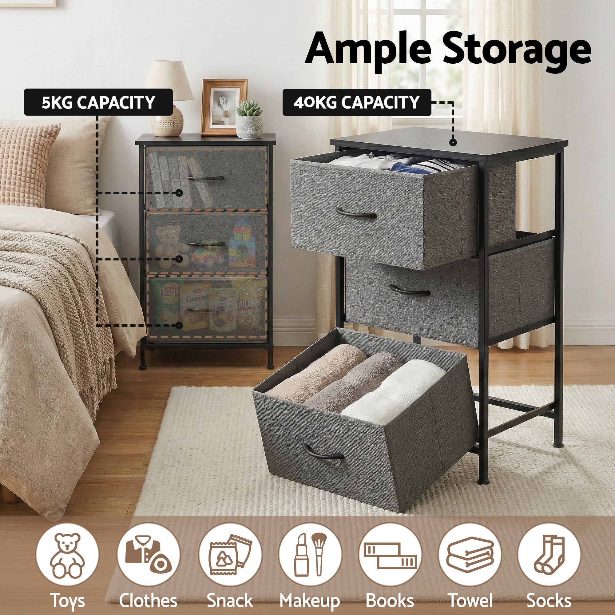 Artiss Set of 2 Chest of 3 Drawers Storage Dresser Tallboy Grey
