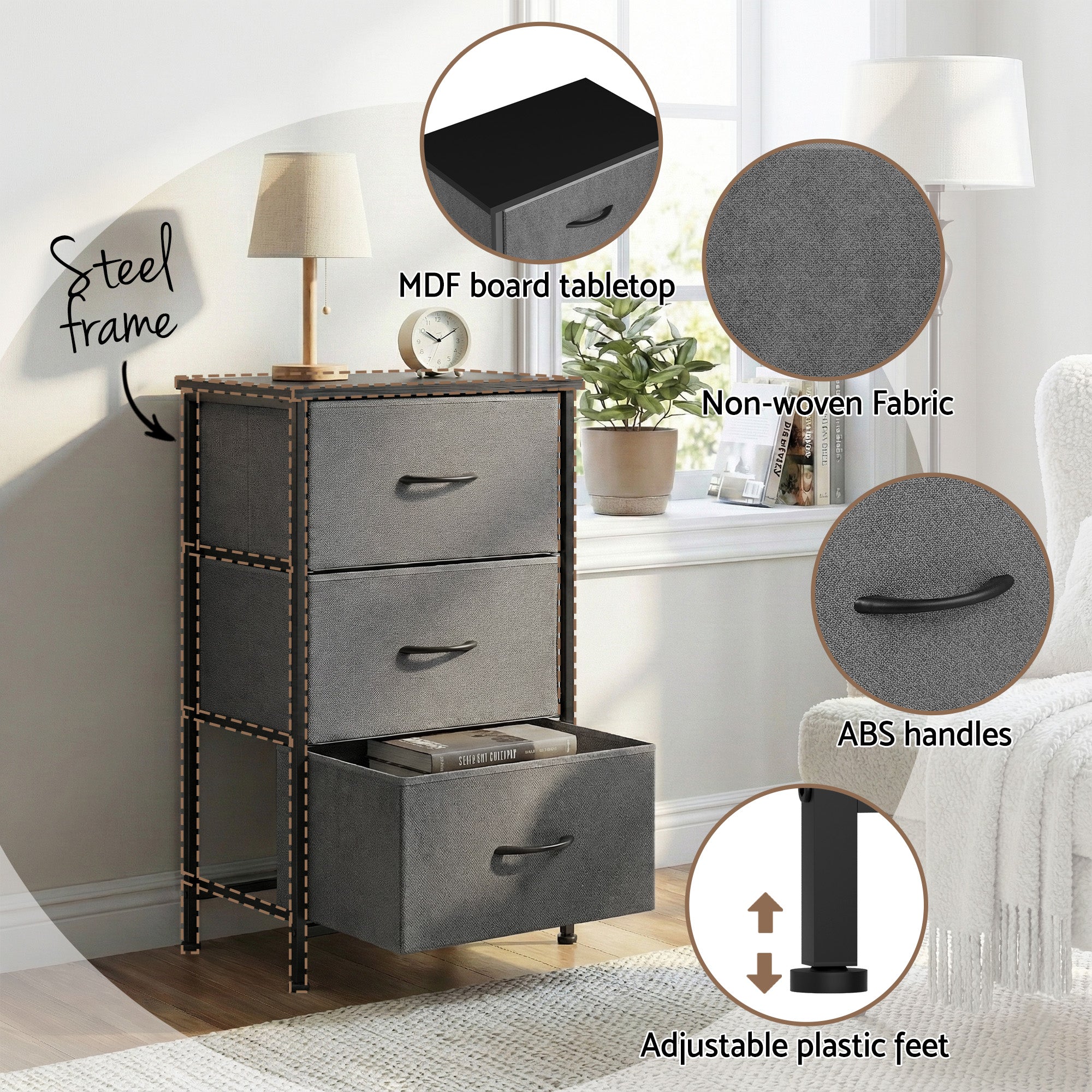 Artiss Set of 2 Chest of 3 Drawers Storage Dresser Tallboy Grey