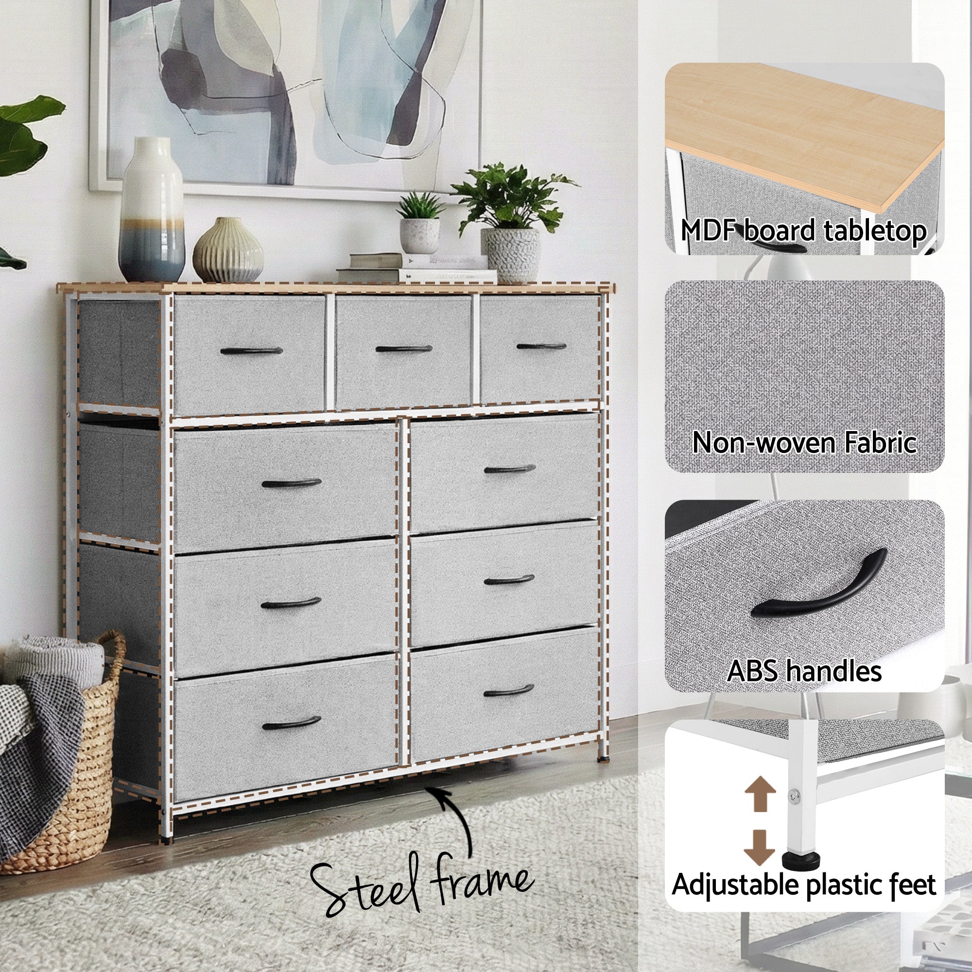 Dressers: Artiss Chest of 9 Drawers Storage Dresser Tallboy Light Grey