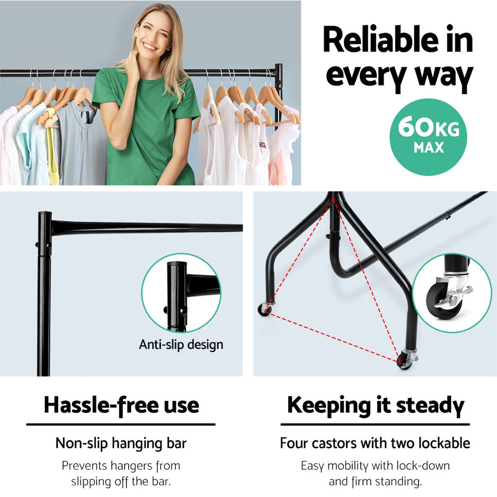 Clothing & Wardrobe Storage: Artiss Clothes Rack Airer Coat Stand 6FT Rail Wheels
