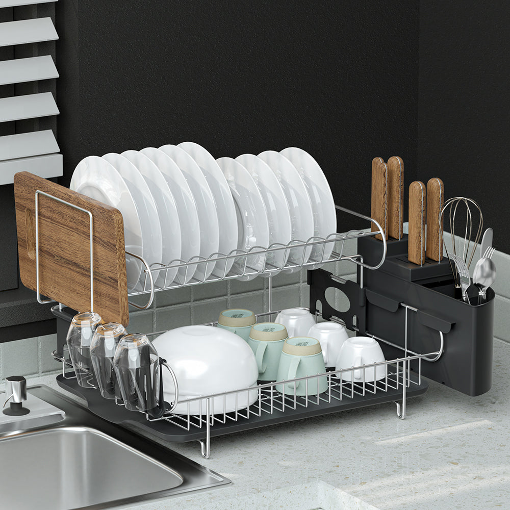 Dish Racks: Cefito Dish Rack Drying Drainer Cup Holder Cutlery Tray Kitchen Organiser 2-Tier
