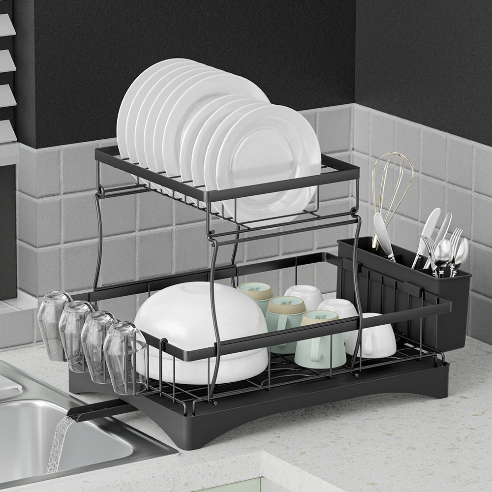 Dish Racks: Cefito Dish Rack Expandable Drying Drainer Cutlery Holder Tray Kitchen 2 Tiers