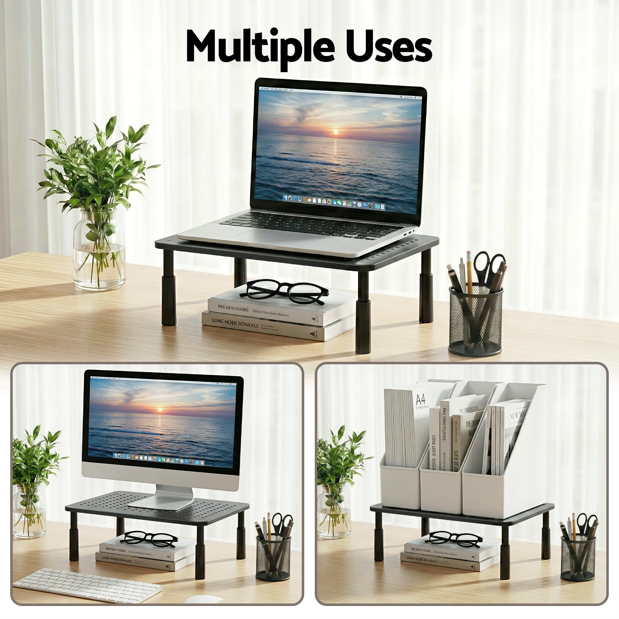Desktops & Accessories: Artiss Monitor Stand Adjustable Riser For Computer Monitor And Laptop 3 Height Desk Organizer Black