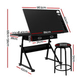 Artiss Drawing Desk Stool Set Drafting Table Adjustable Angle Tilt Drawers Black