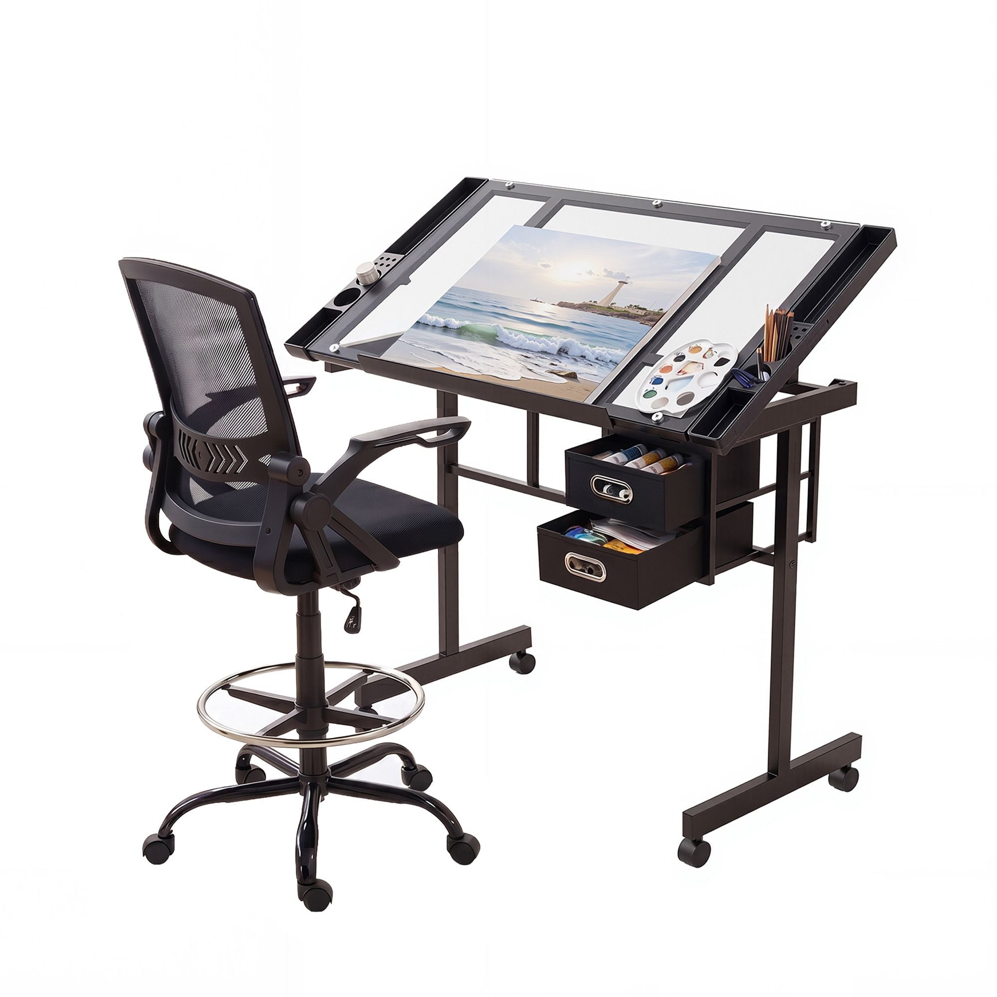 Artiss Drawing Table with Ergonomic Office Chair, Drafting Tables with Tempered Glass Desktop, Removable Drawers, Drafting Stool with Height Adjustable for Artwork Painting Studio
