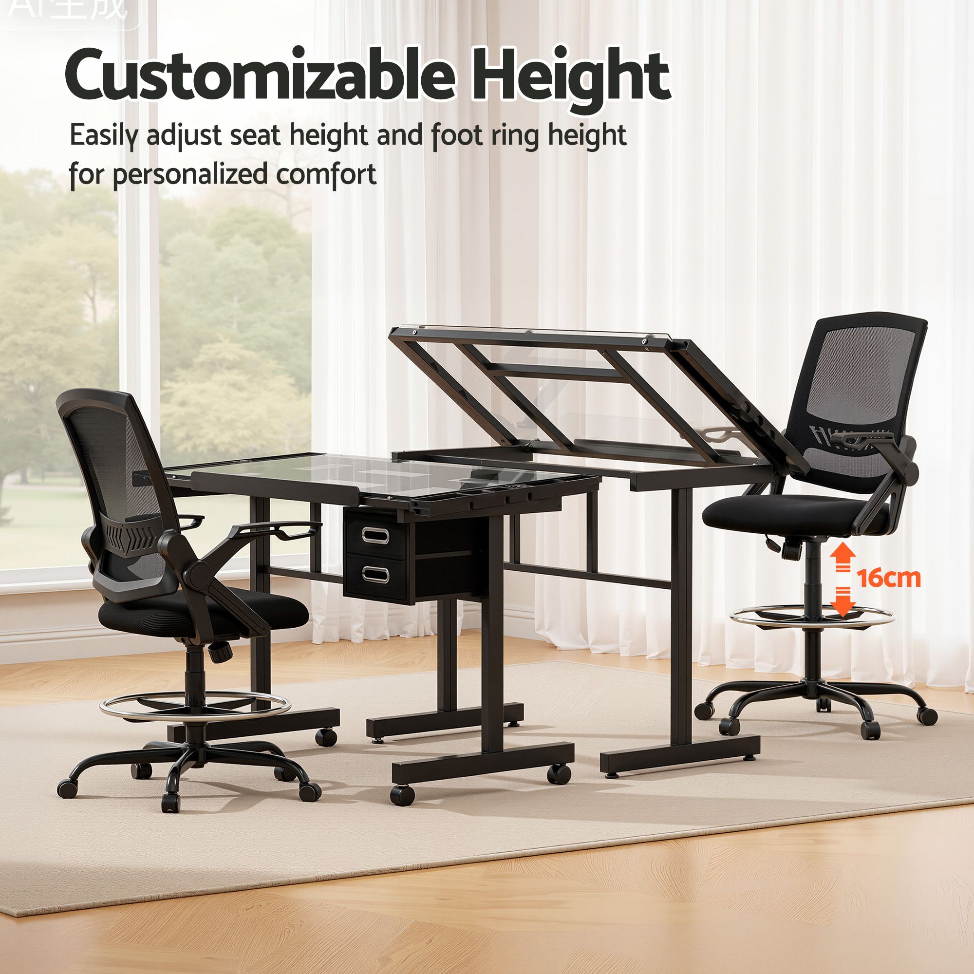Artiss Drawing Table with Ergonomic Office Chair, Drafting Tables with Tempered Glass Desktop, Removable Drawers, Drafting Stool with Height Adjustable for Artwork Painting Studio
