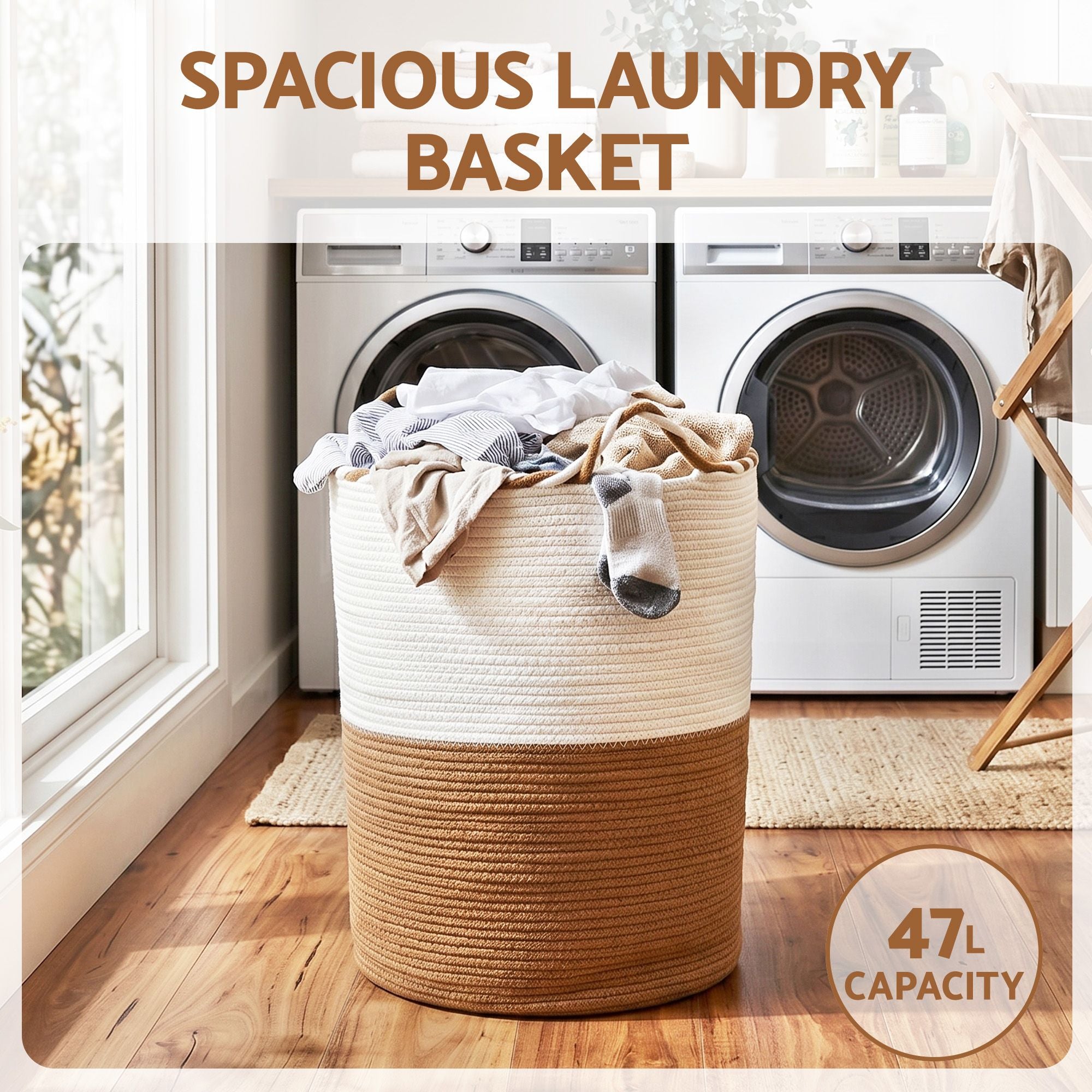 Artiss Woven Laundry Basket with handles Foldable White & Brown