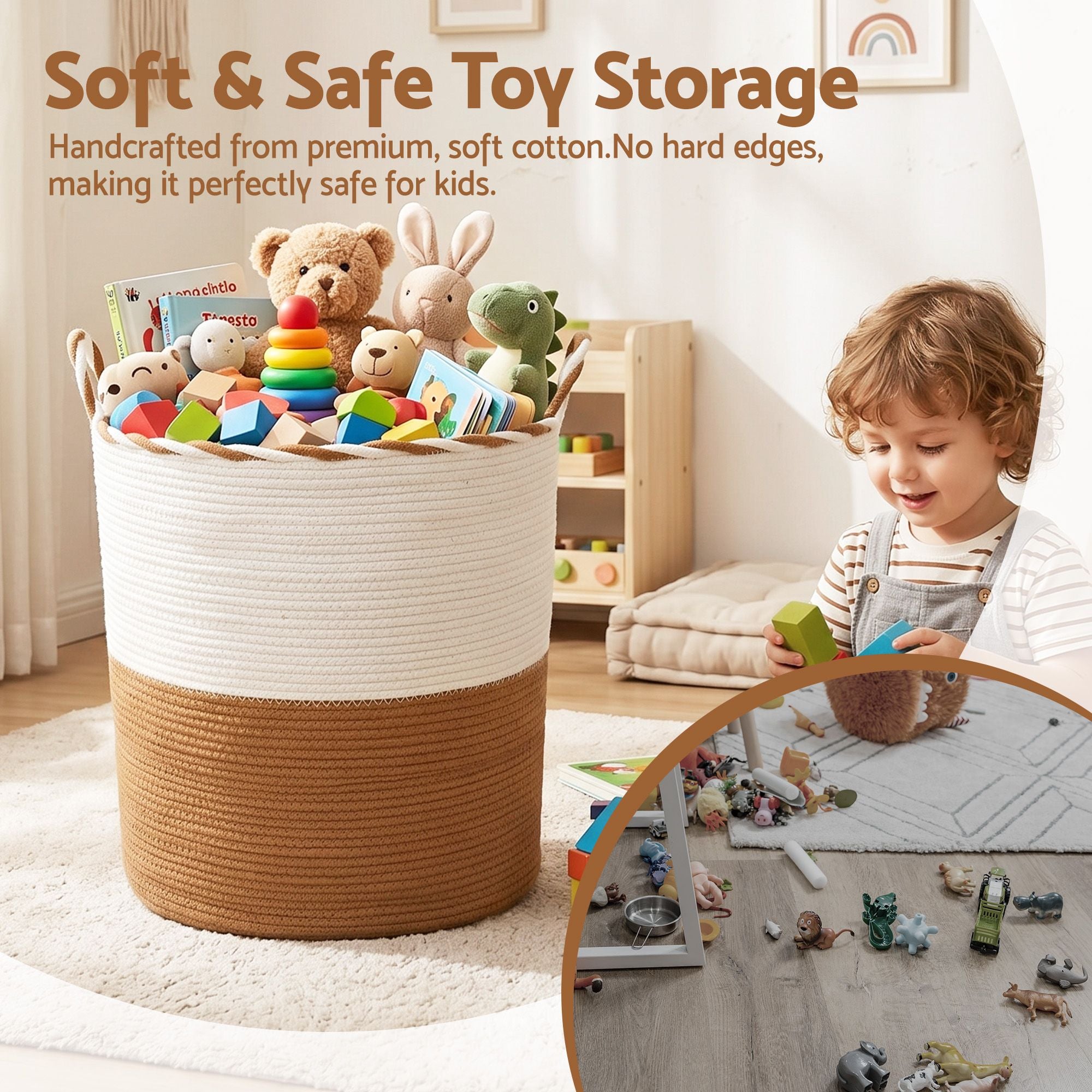 Artiss Woven Laundry Basket with handles Foldable White & Brown